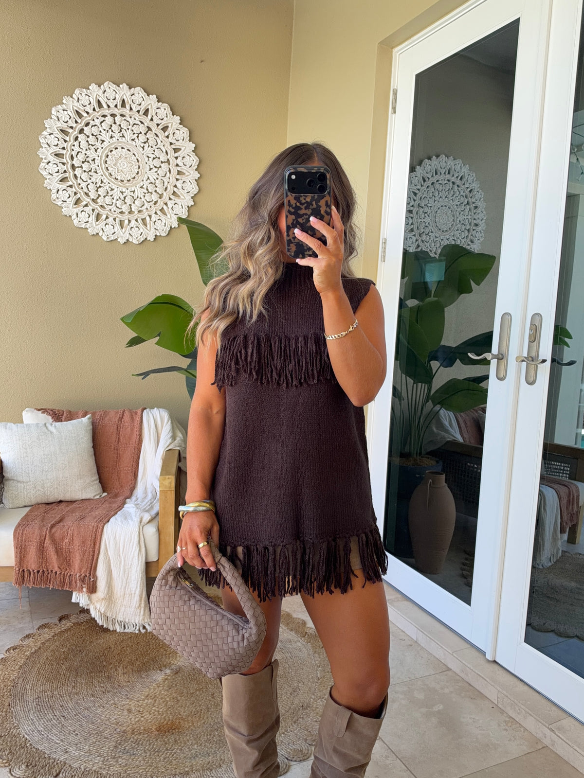 Cedar Fringe Sweater Top Mocha