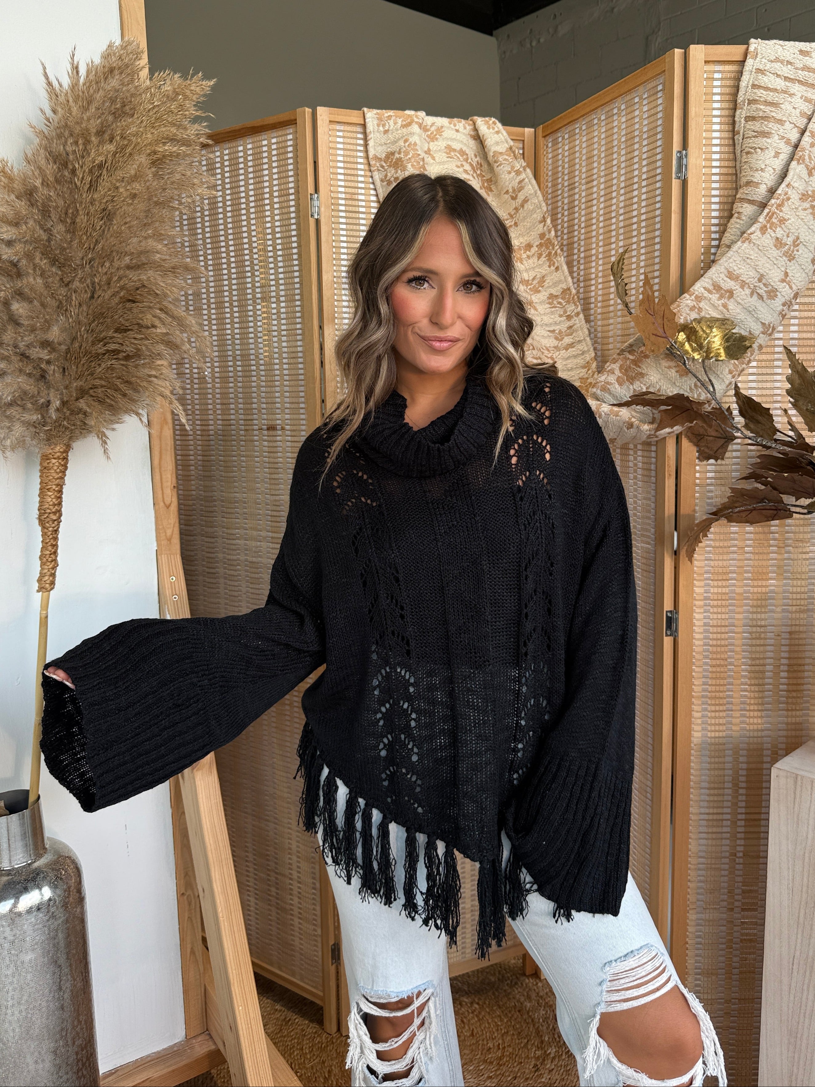 Cabin Stay Fringe Sweater Black