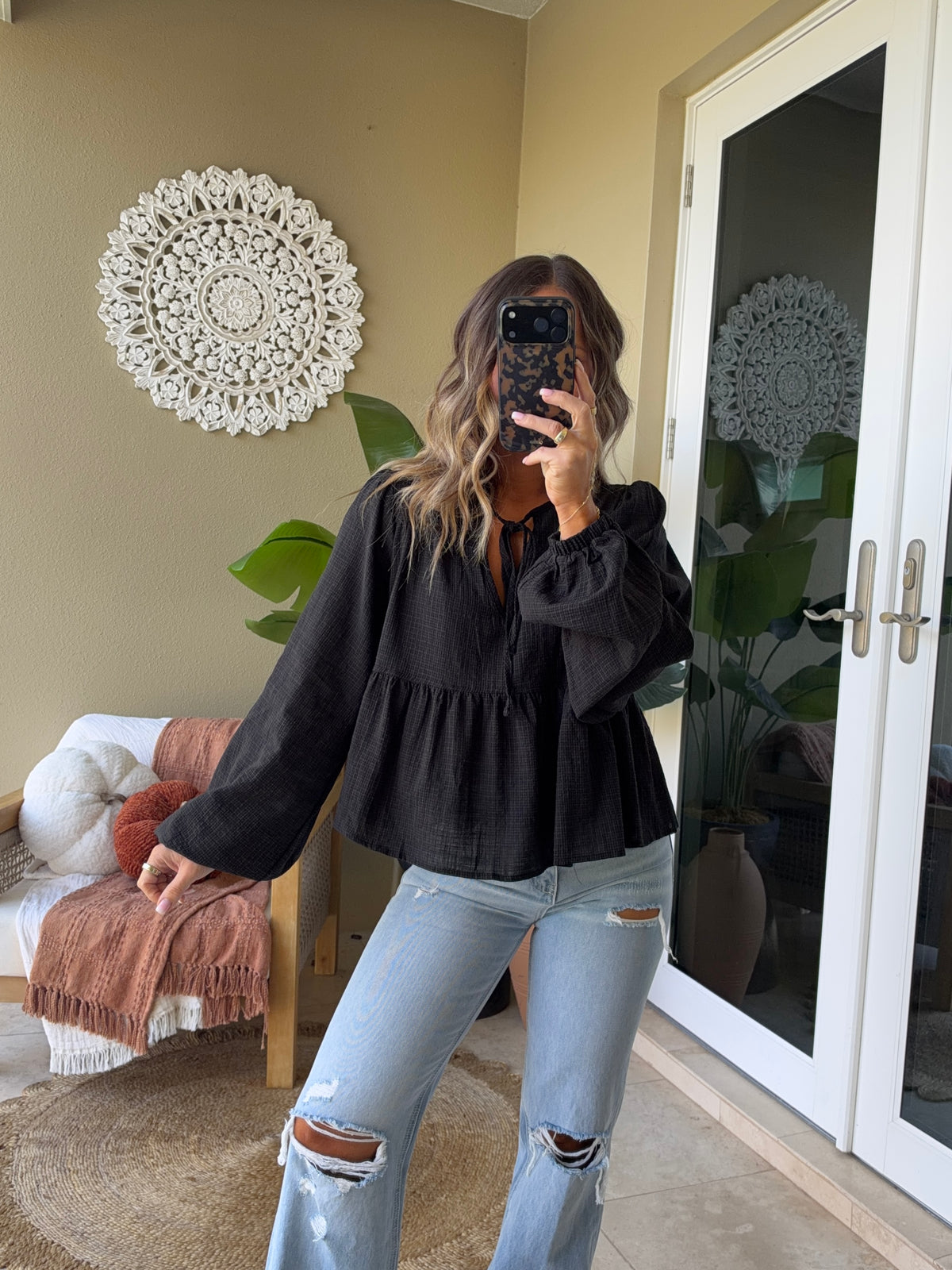 Bella Plaid Tie Top Black