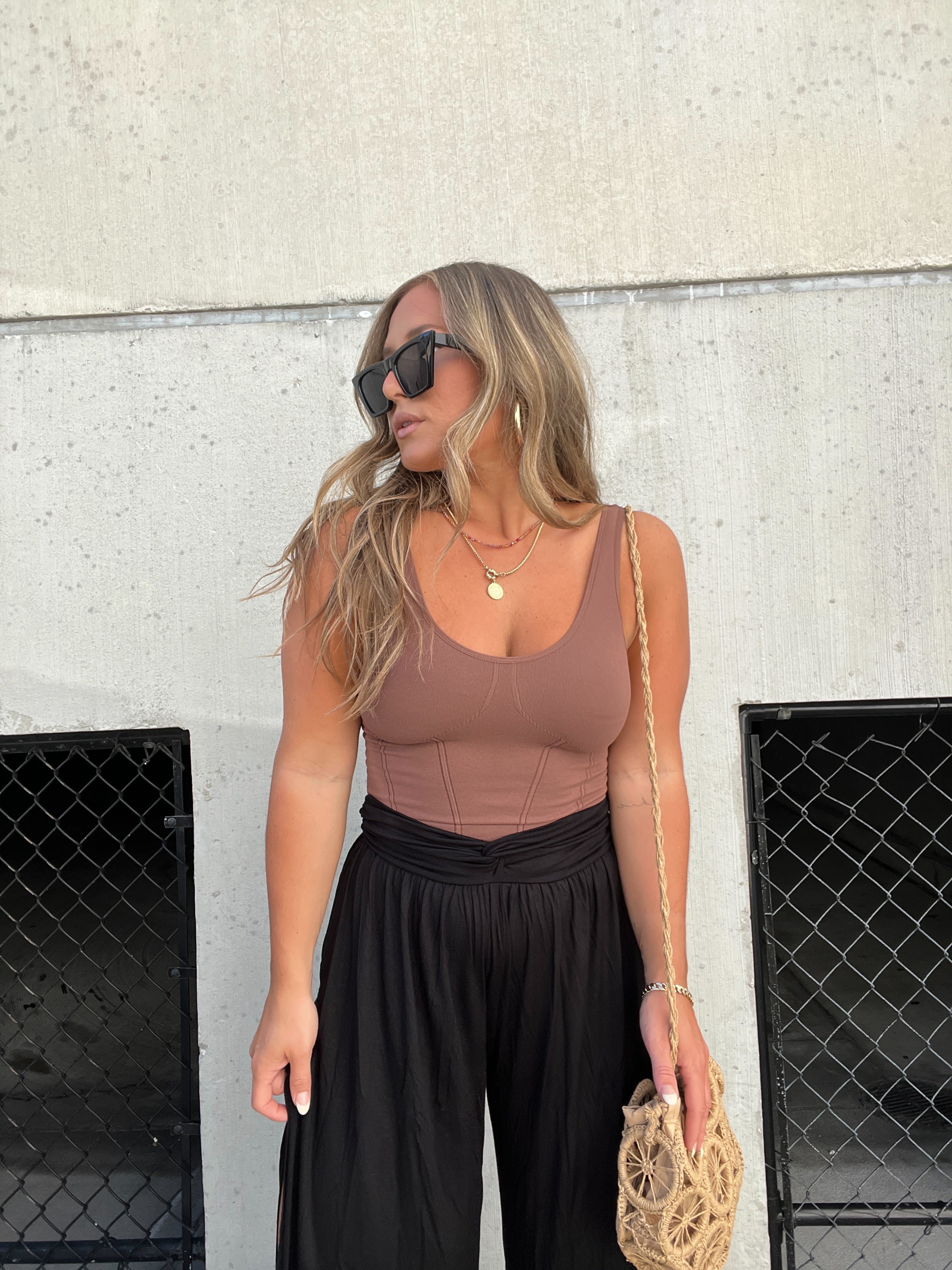 NOT YOUR BASIC FAUX CORSET TANK TOFFEE