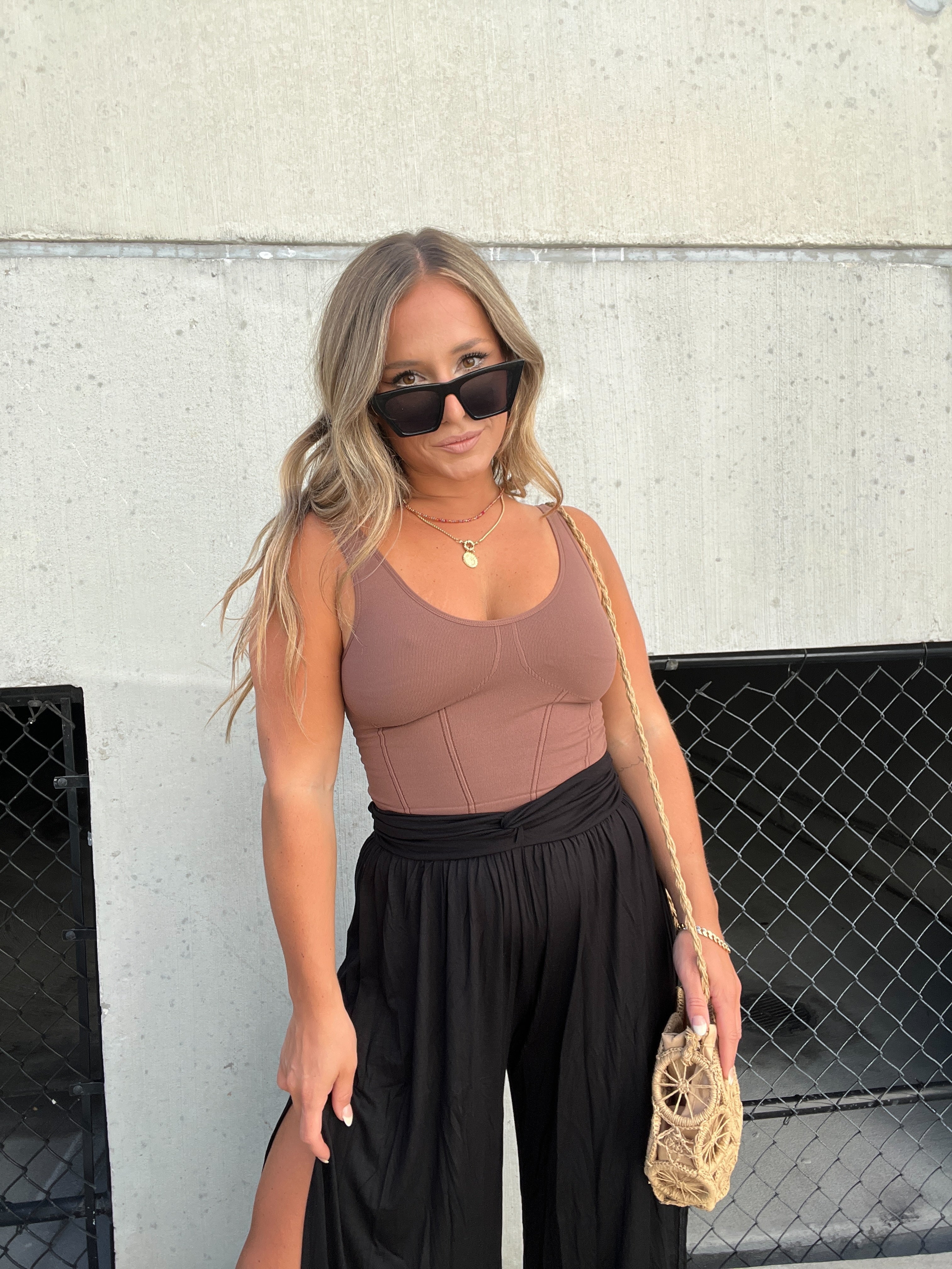 NOT YOUR BASIC FAUX CORSET TANK TOFFEE