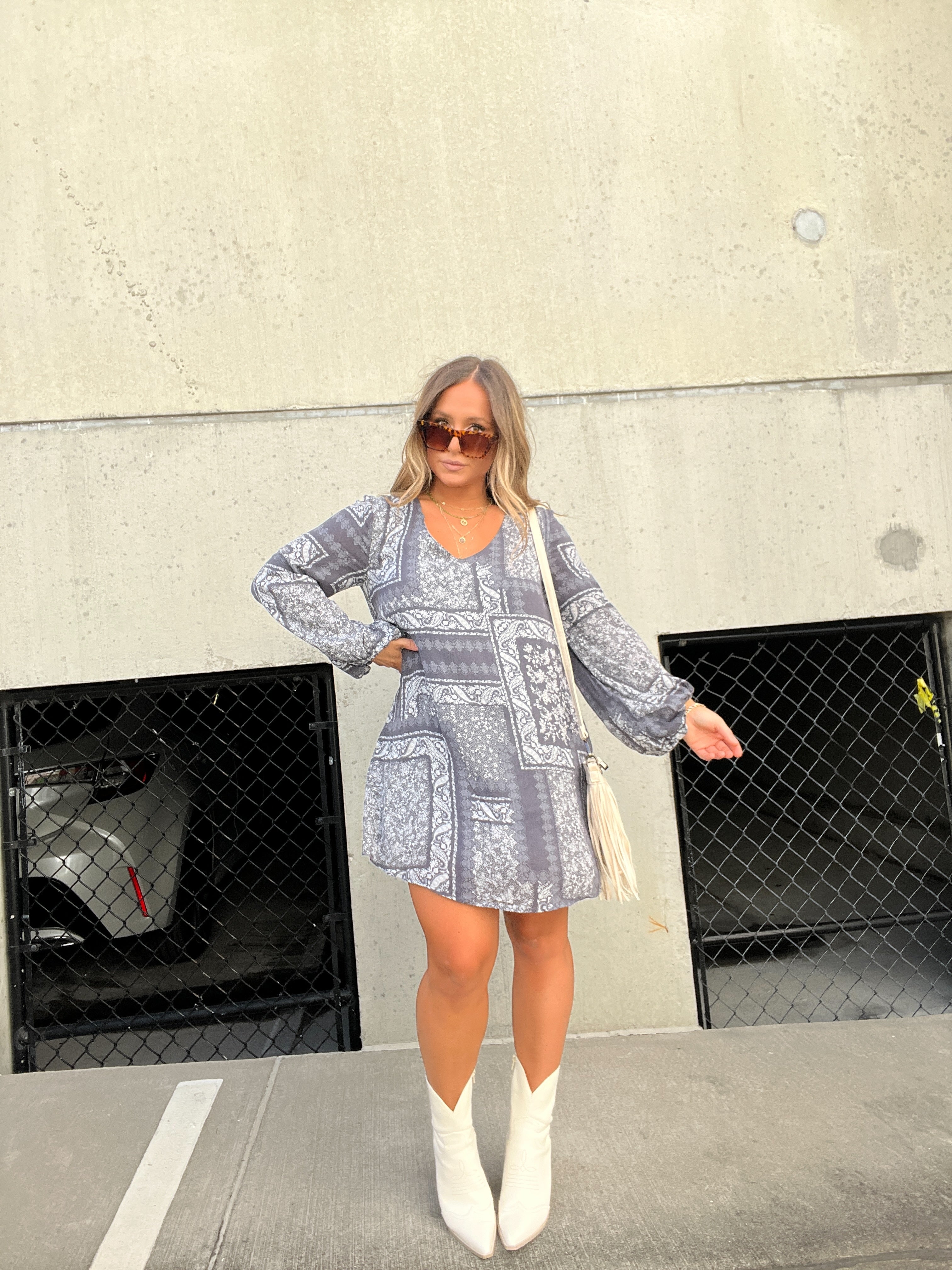 LA LA LAND PATCHWORK DRESS CHARCOAL