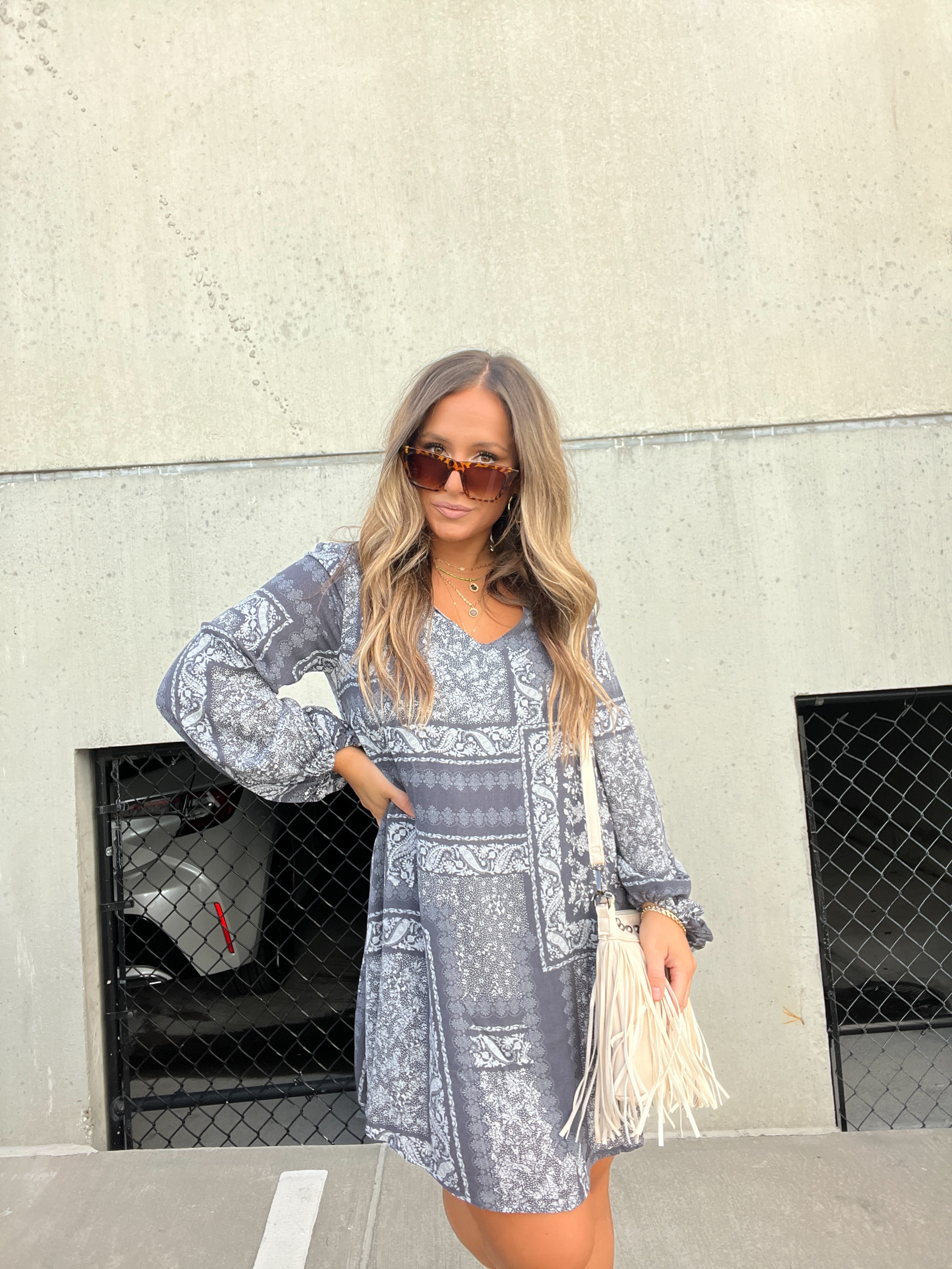 LA LA LAND PATCHWORK DRESS CHARCOAL