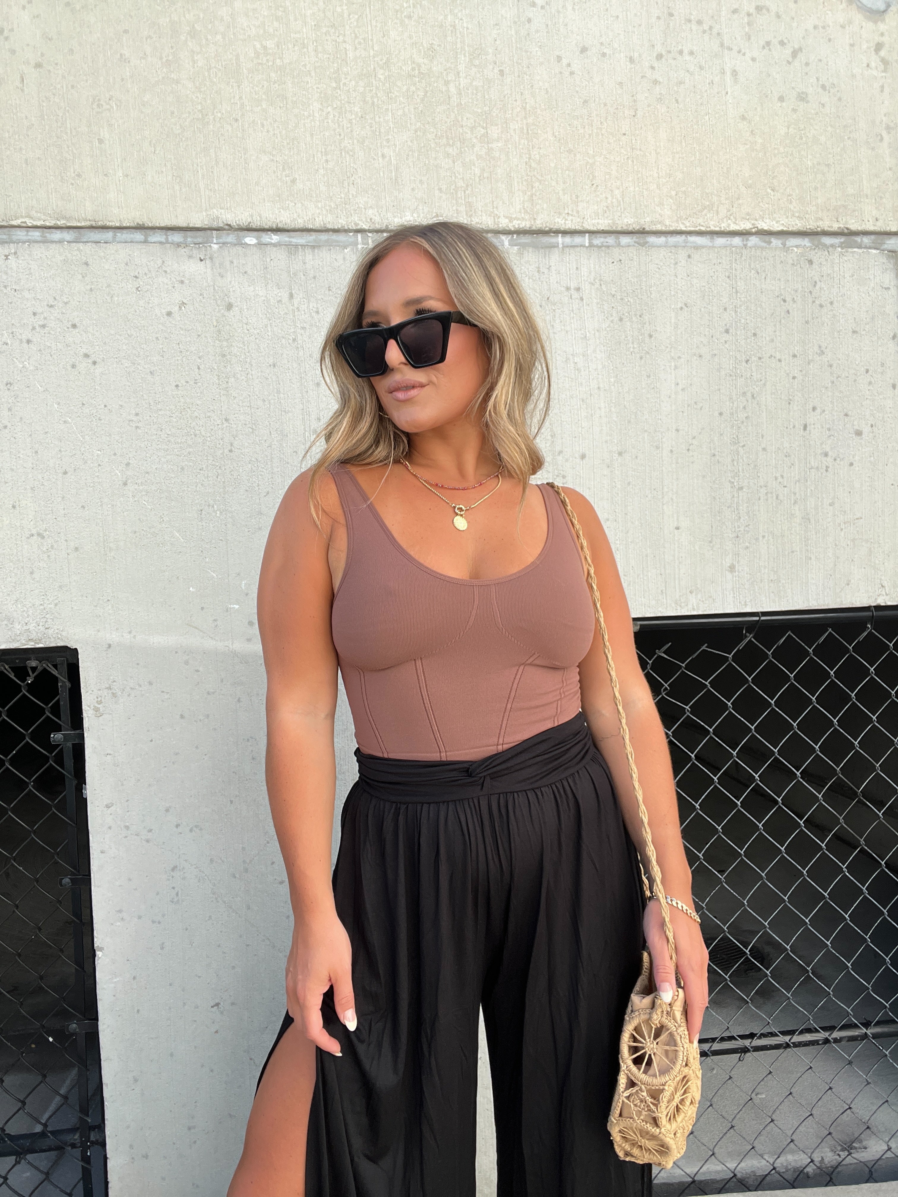 NOT YOUR BASIC FAUX CORSET TANK TOFFEE