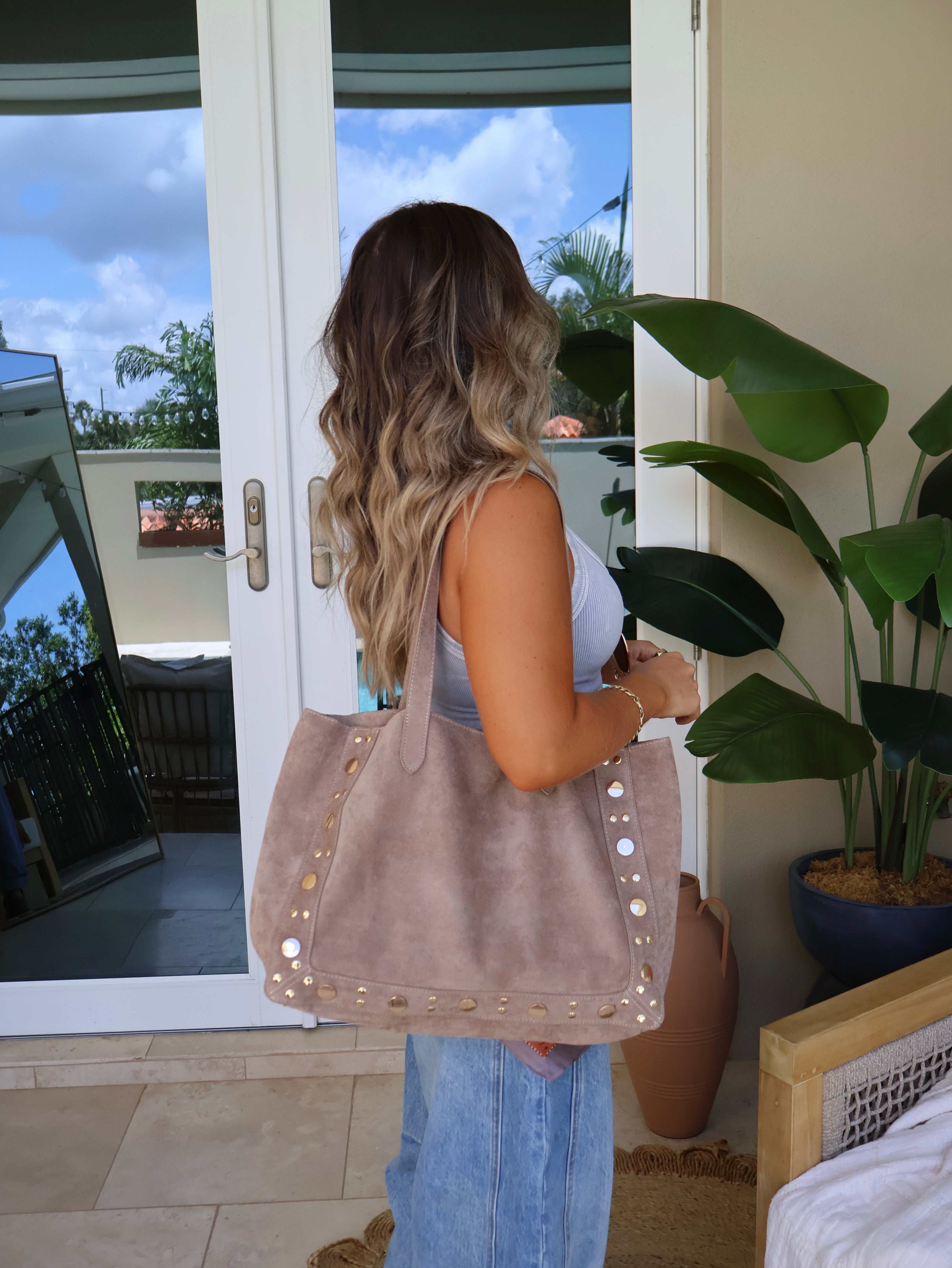 Amber Foliage Studded Tote Taupe