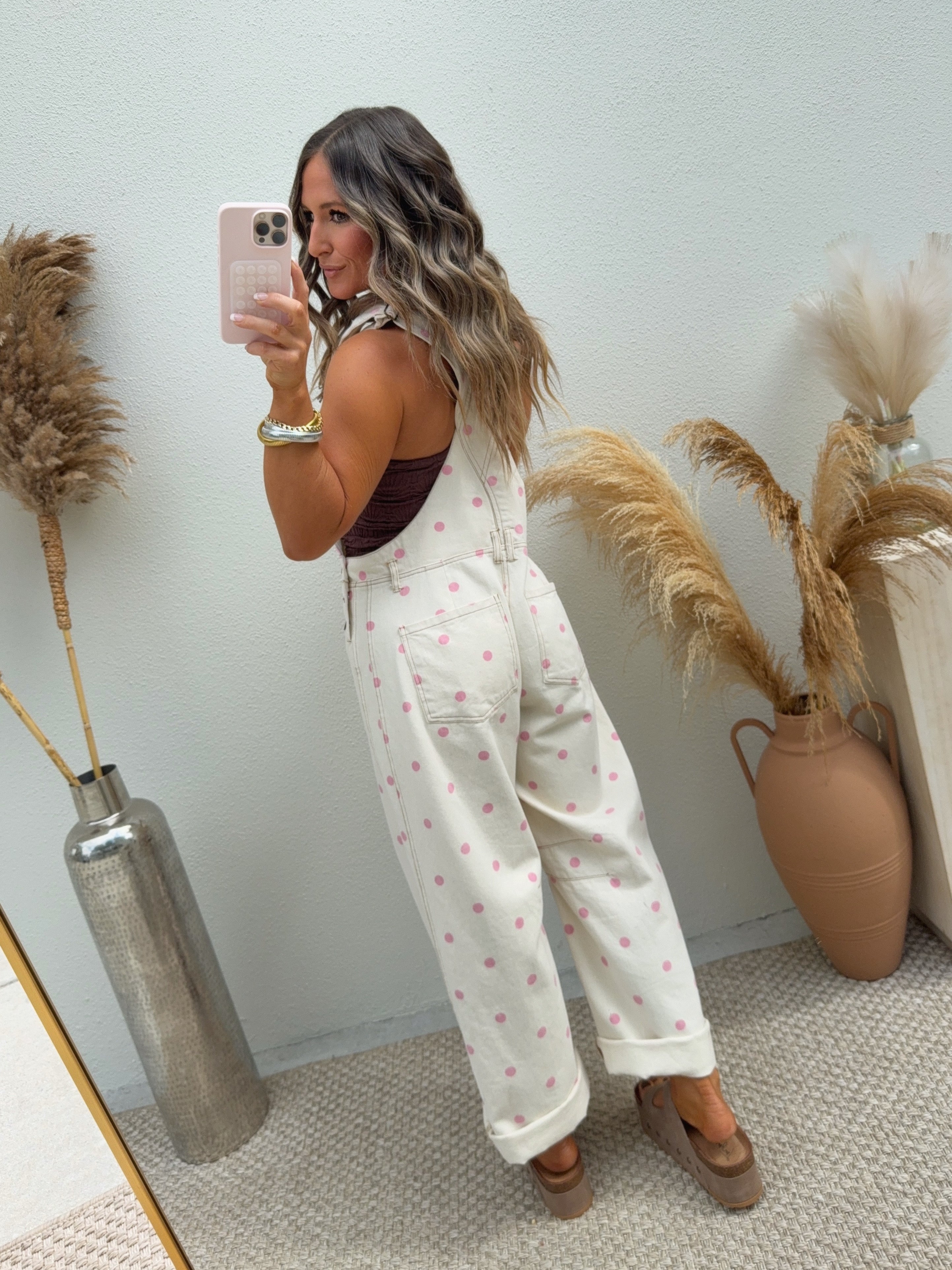 Peekaboo Polka Dot Barrel Overalls Cream
