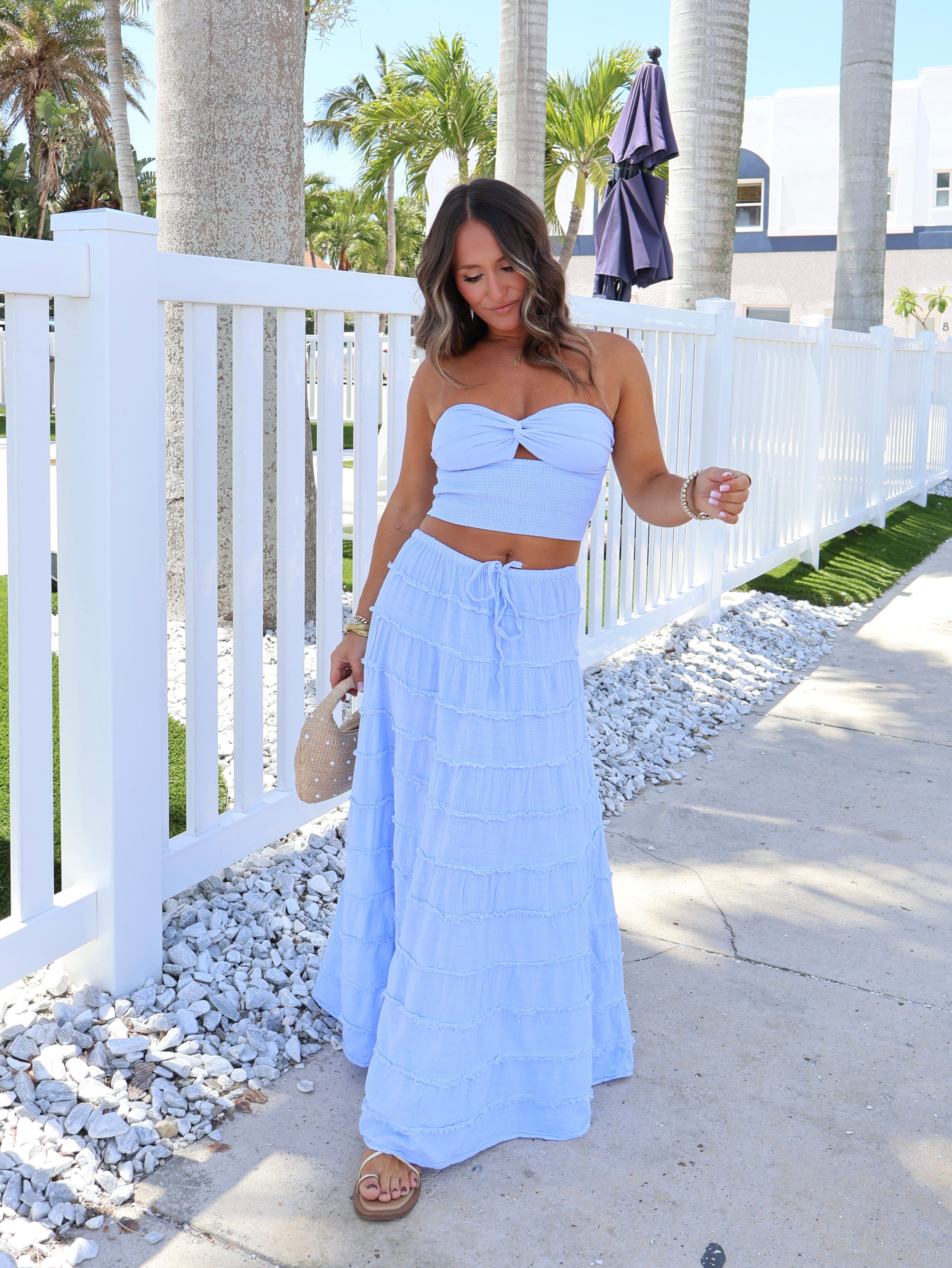 Palm Crush Maxi Skirt Baby Blue