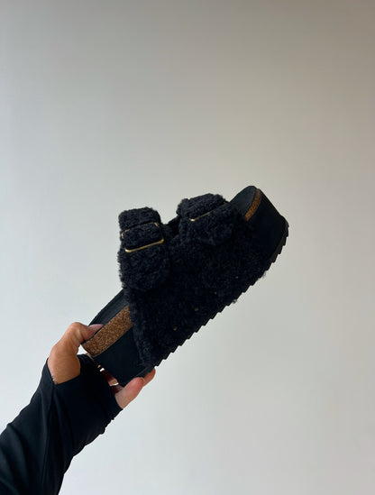 Blowout Stacked Double Strap Slides Black Fur