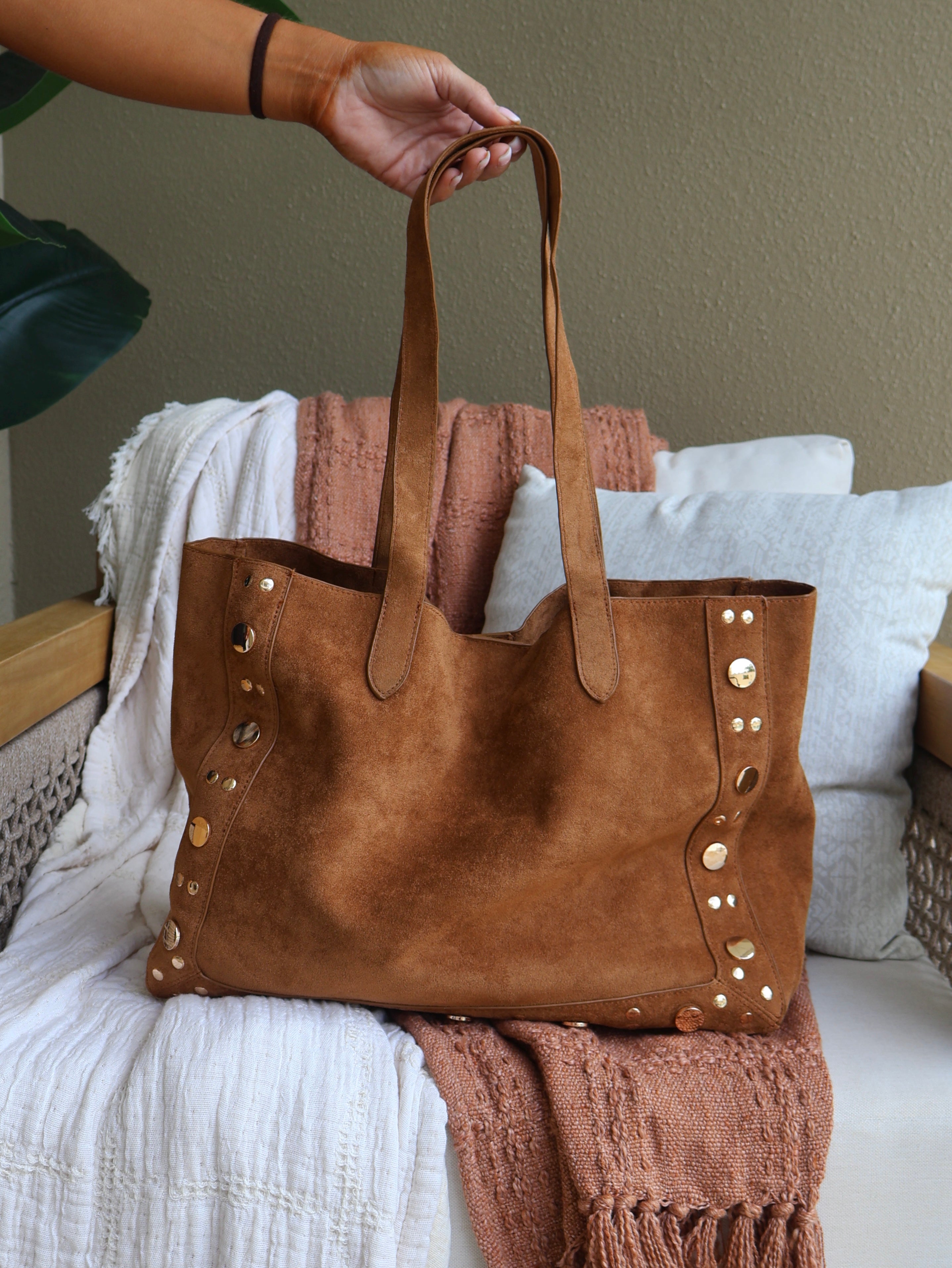 Amber Foliage Studded Tote Bag Camel