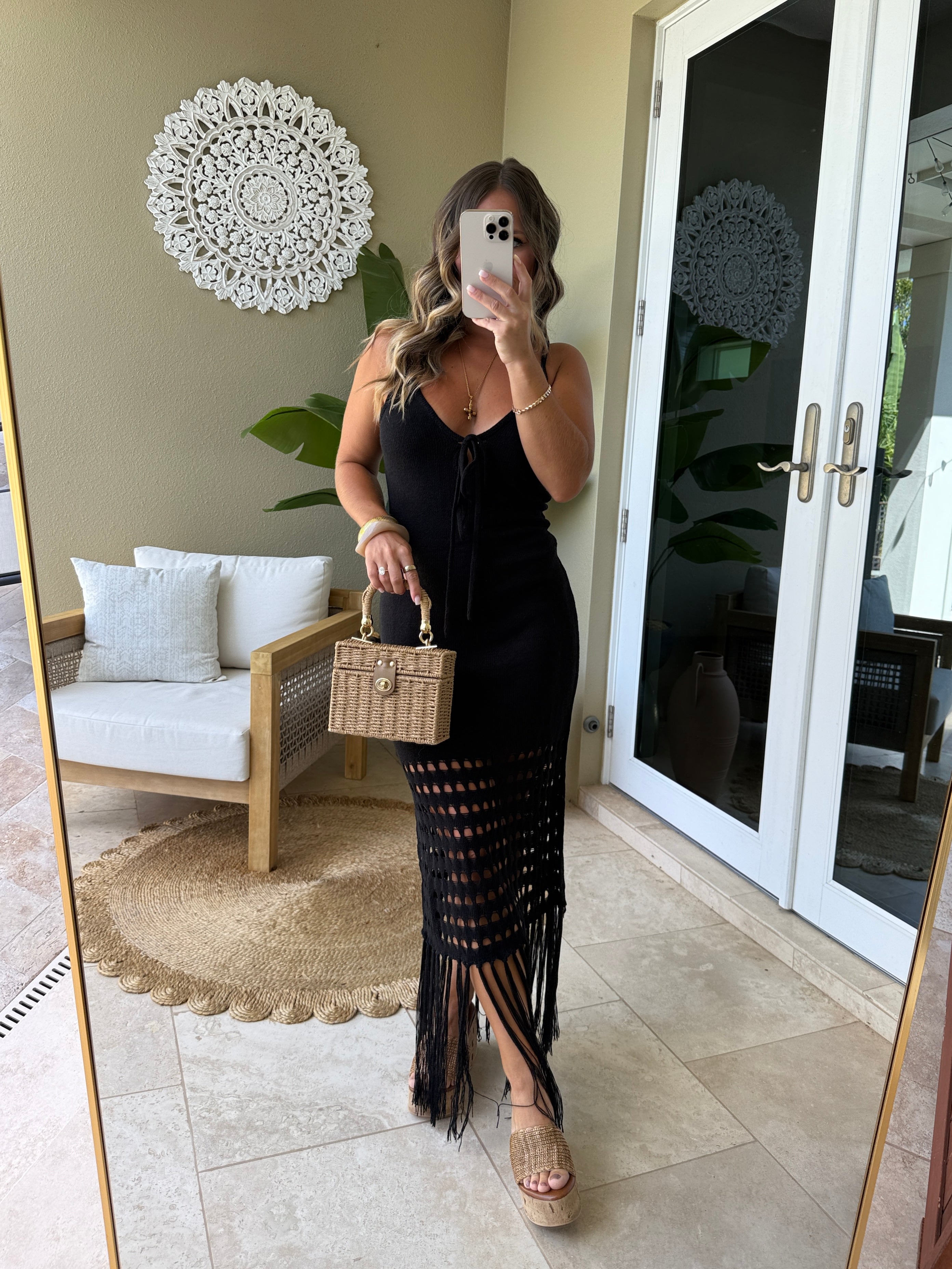 Raven Fringe Knit Midi Dress Black