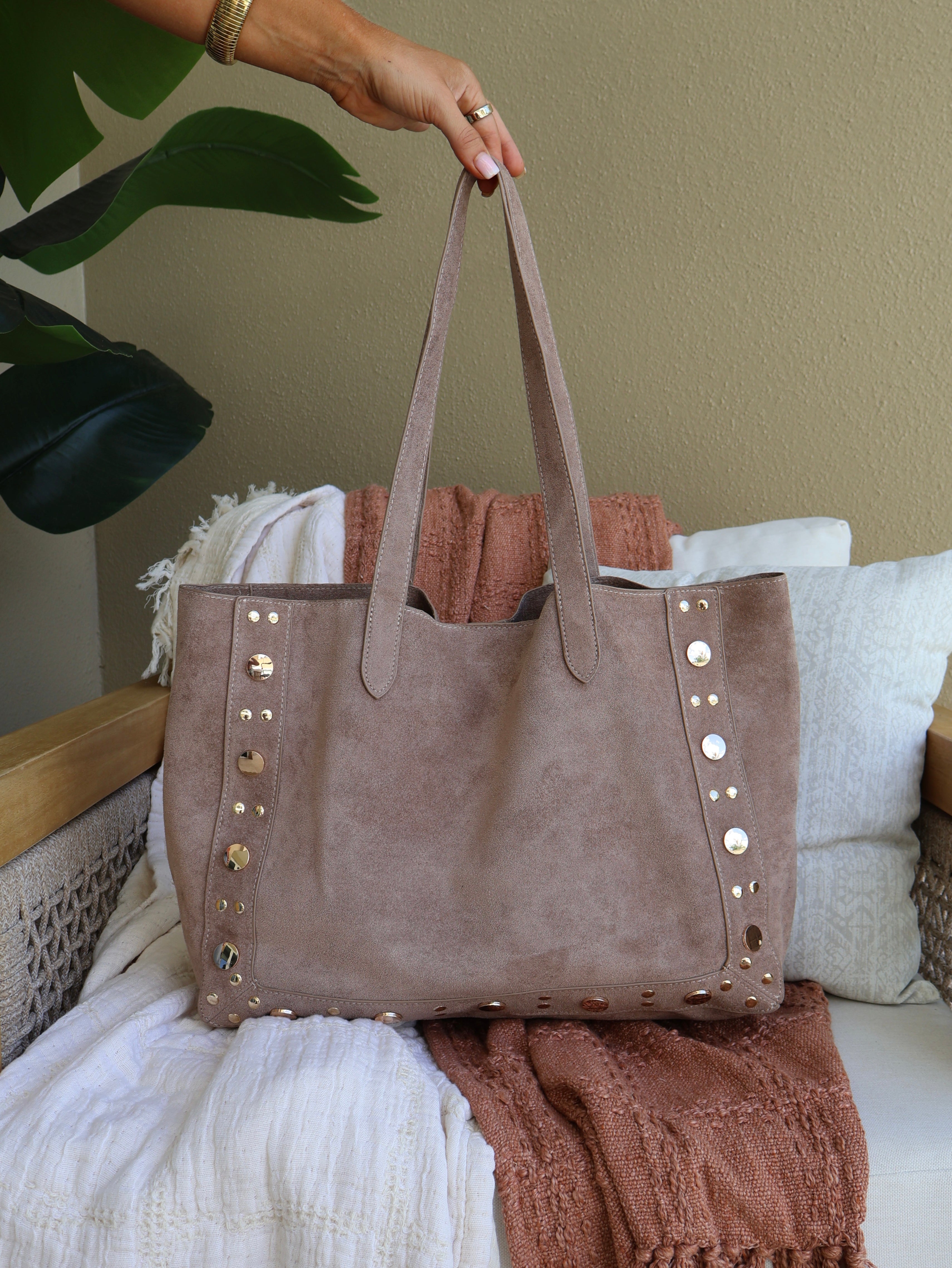 Amber Foliage Studded Tote Taupe