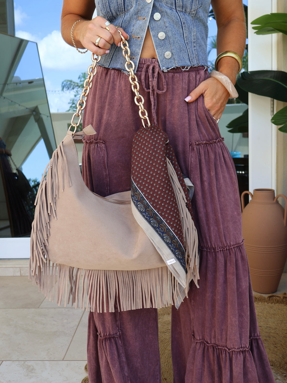 Maple Grove Fringe Slouchy Bag Taupe