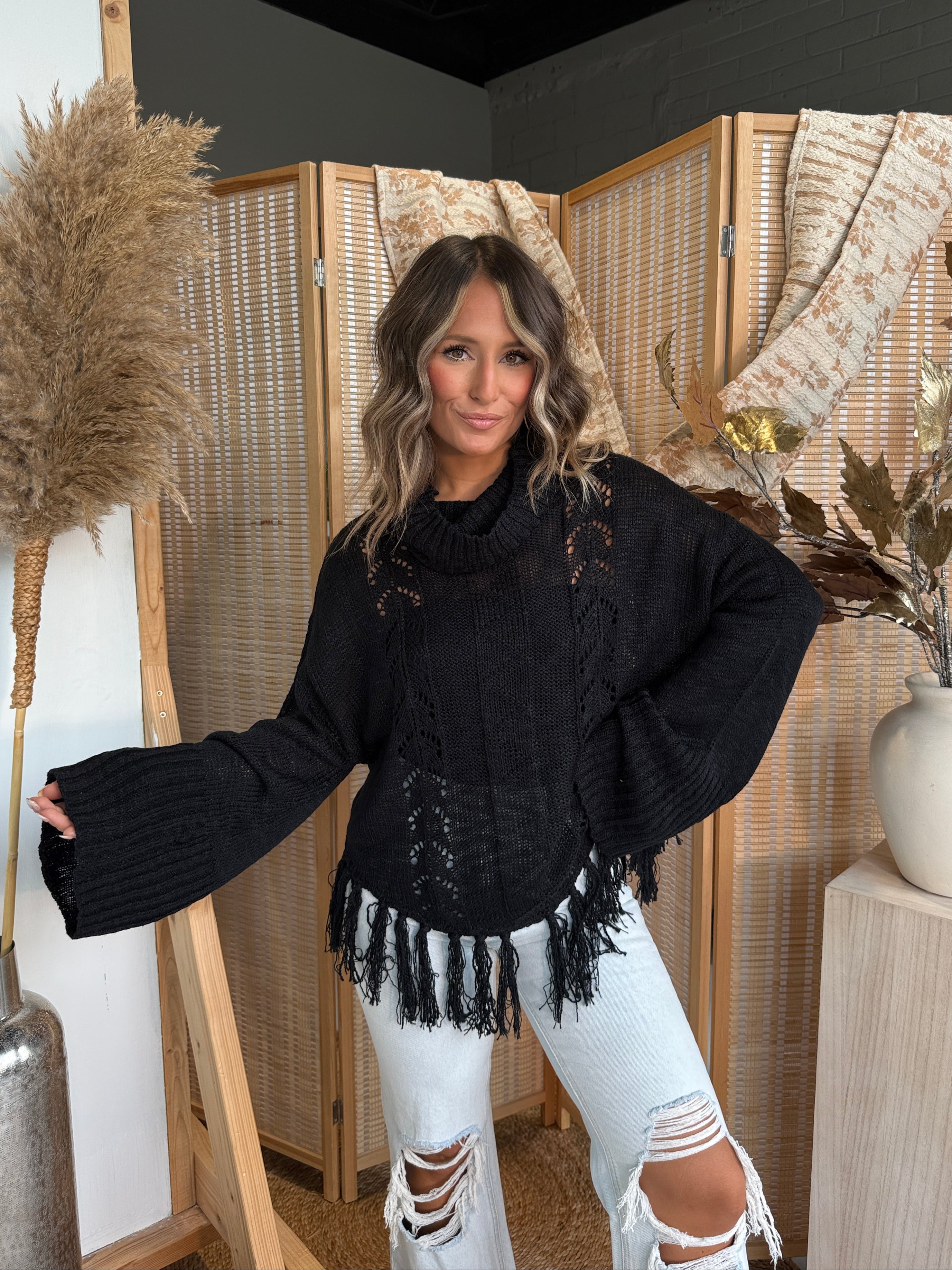 Cabin Stay Fringe Sweater Black