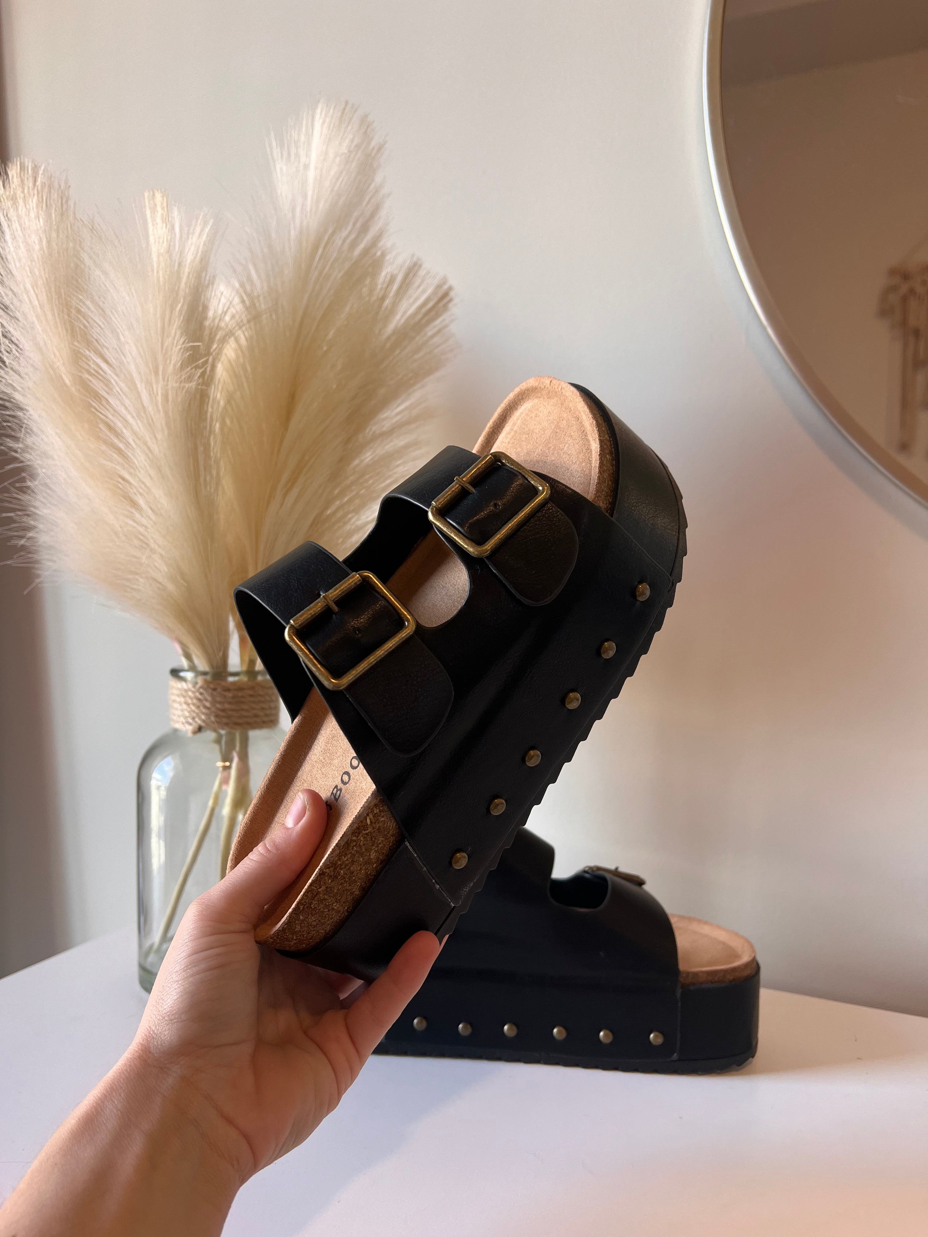 Blowout Stacked Double Strap Slides Black Pu