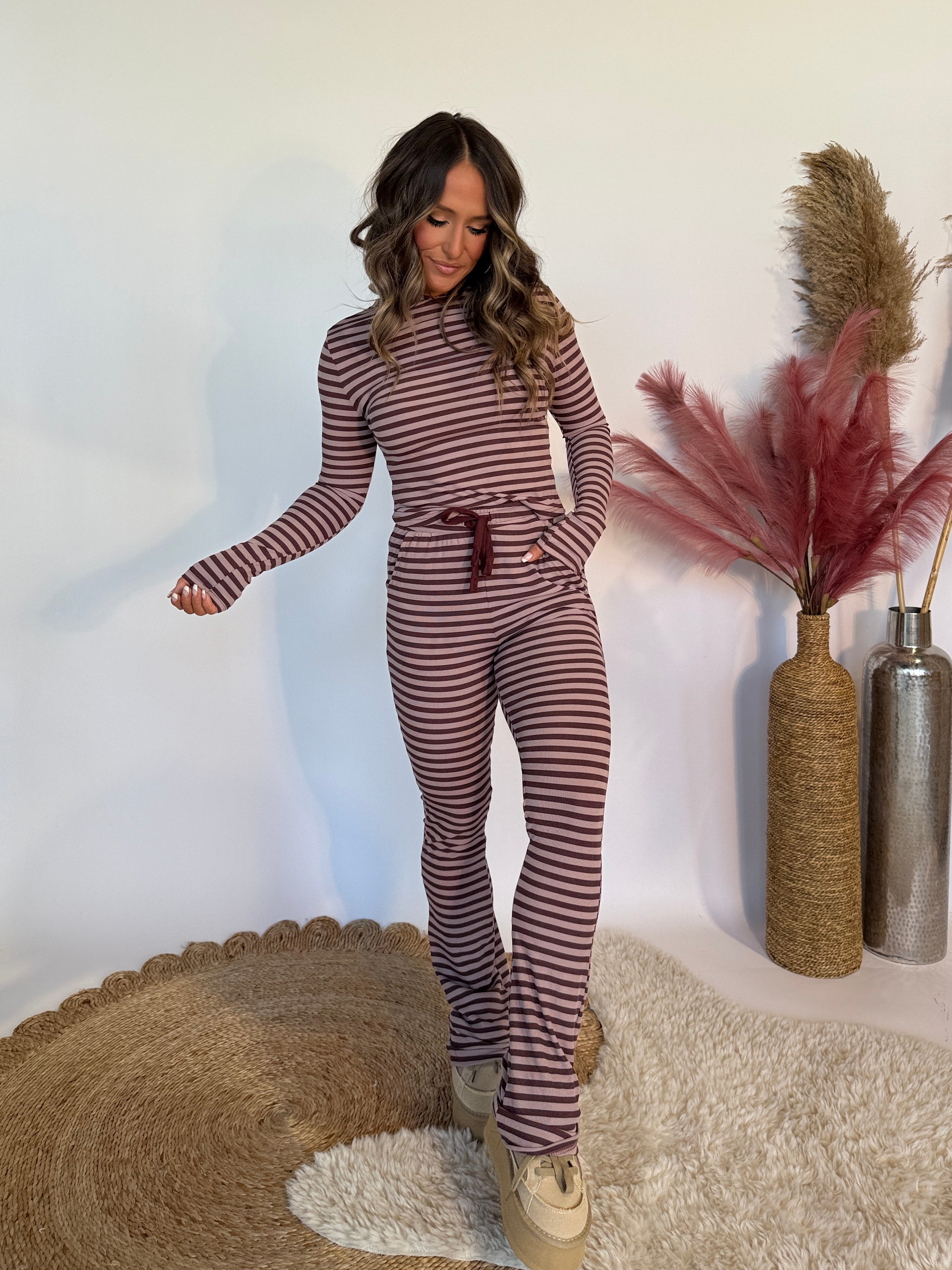 Little Moments Striped Pants Set Burgundy