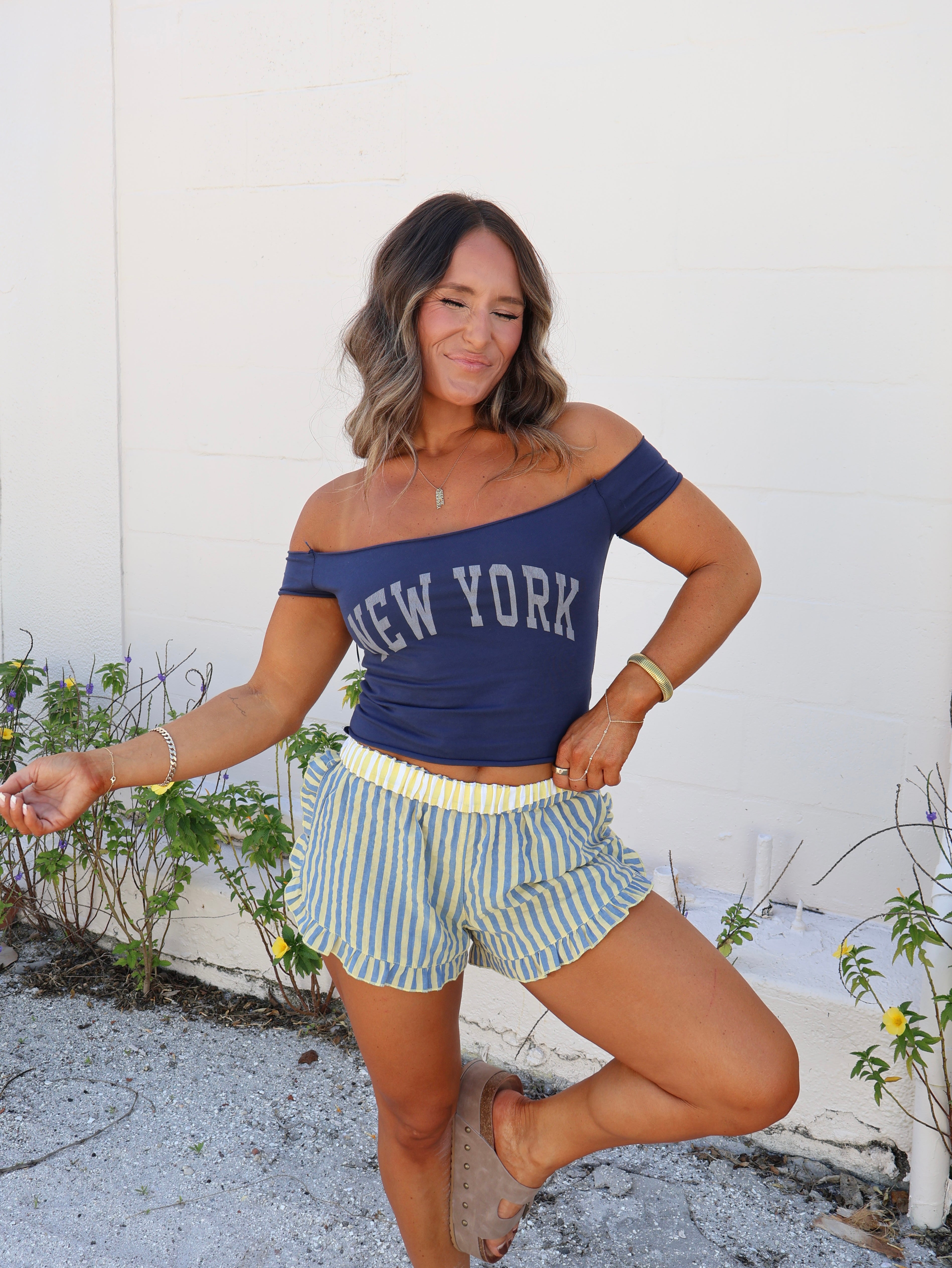 NY NY Off Shoulder Baby Tee Navy