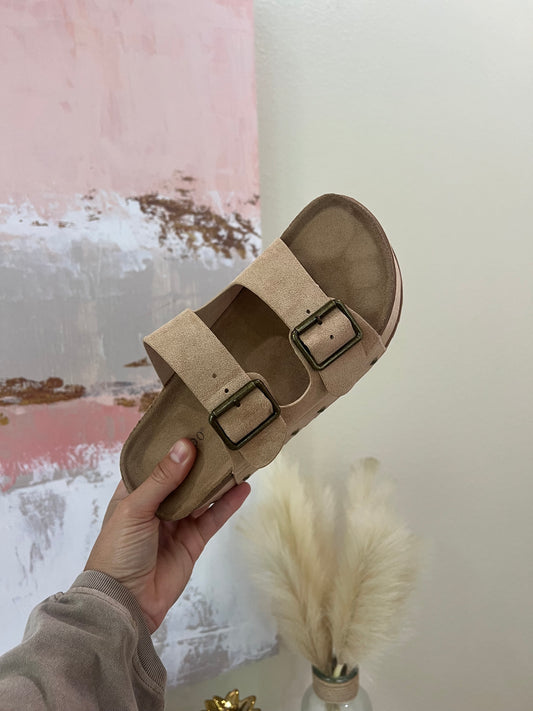 Blowout Stacked Double Strap Slides Natural Suede