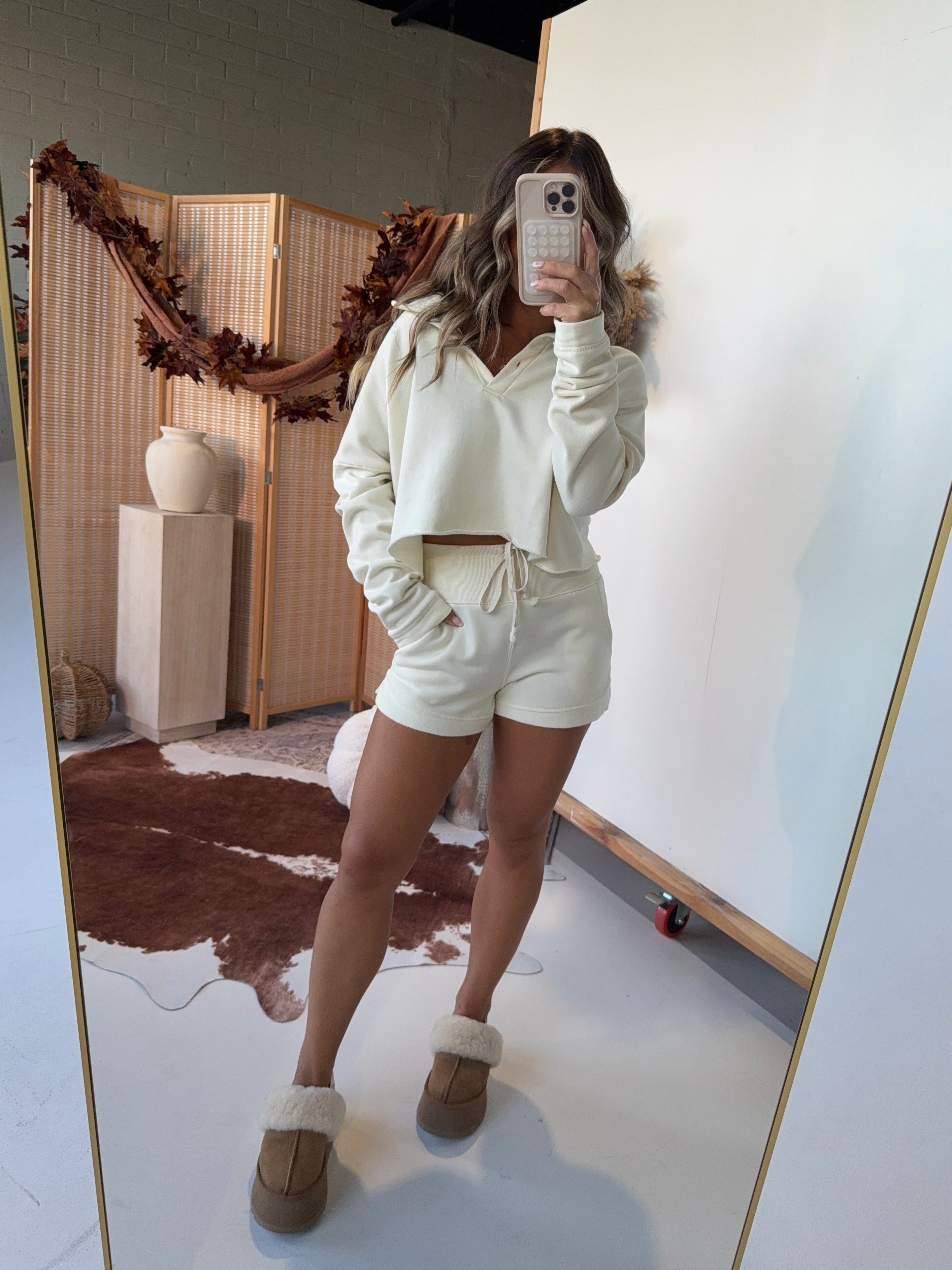 Cinnamon Drift Henley Shorts Set Ecru