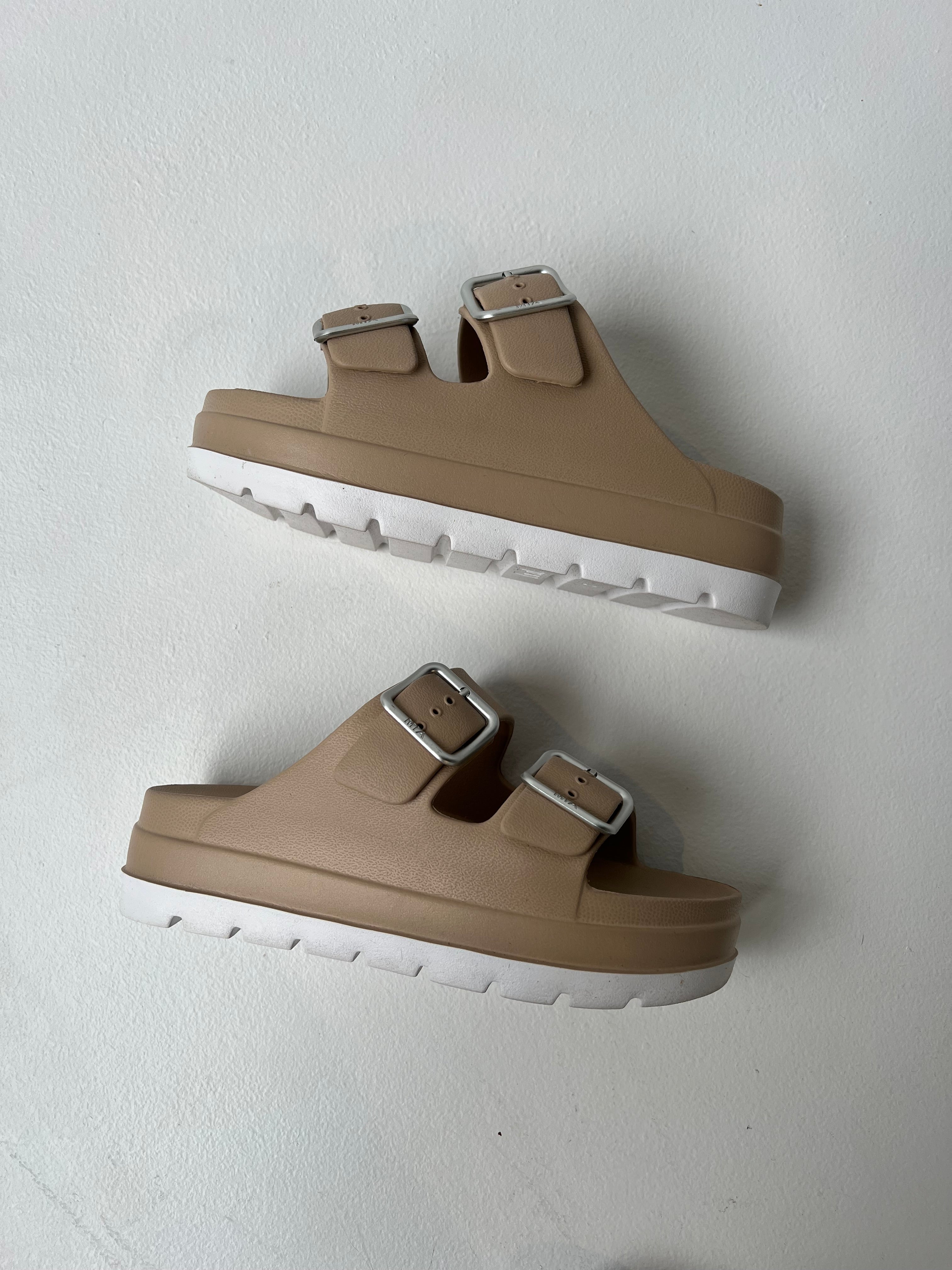 Santi Stacked Double Strap Slides Sand