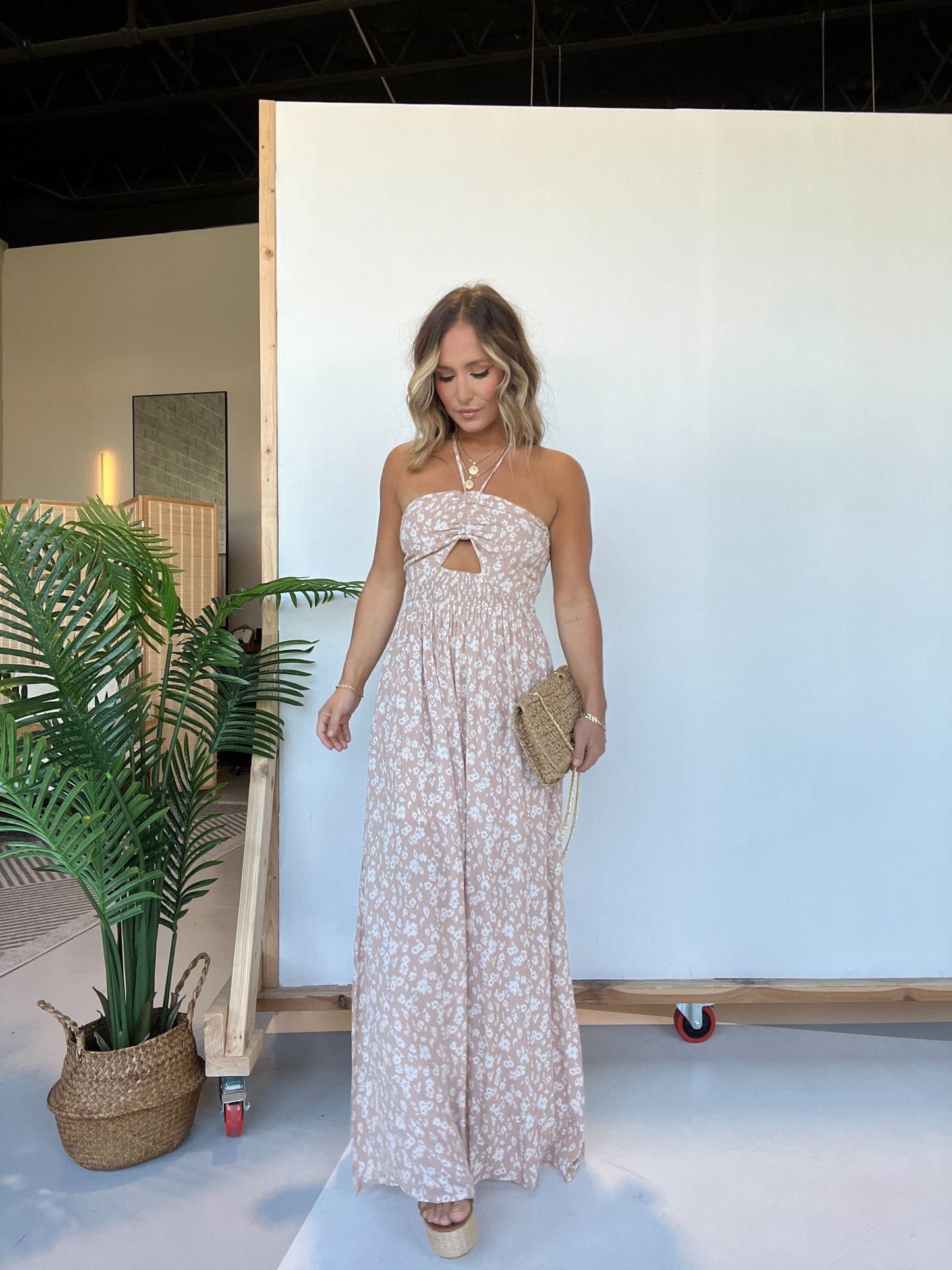 Checking In Floral Maxi Dress Sand Cream