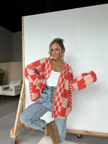 Checkered Annie Oversized Cardigan Orange