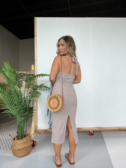 Lovely Lies Striped Halter Midi Dress Taupe