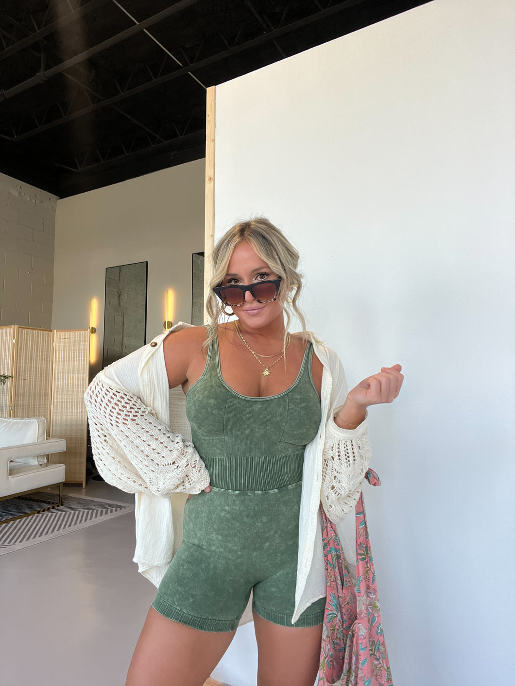 ARMY GREEN LEVEL UP HOT SHOT ROMPER