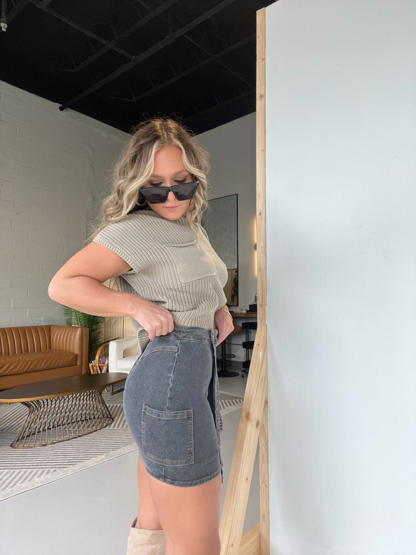 Come or Don't Denim Cargo Mini Skirt