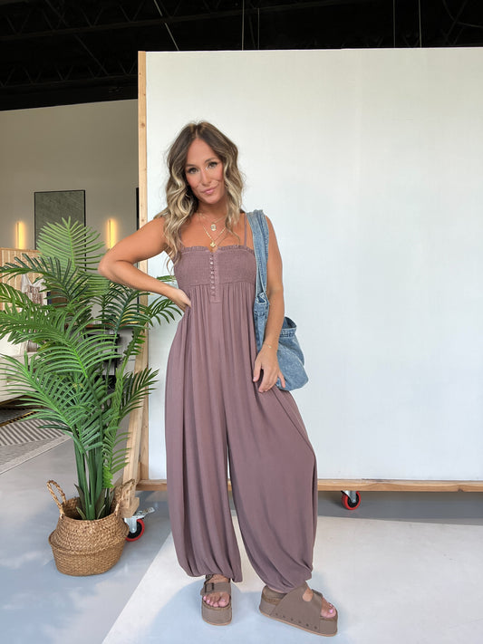 Free Spirit Smocked Jumpsuit Mocha