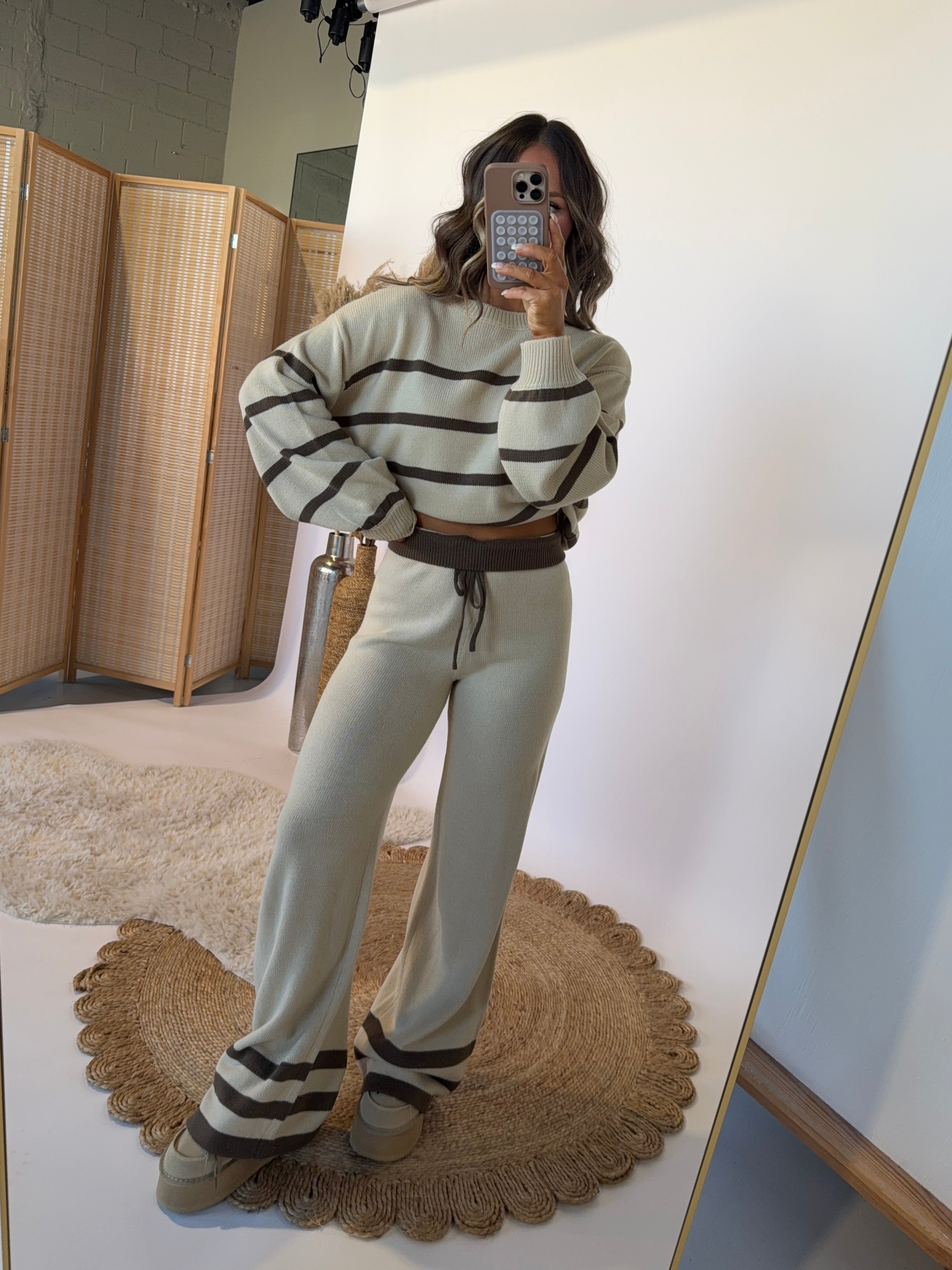 Cozy As You Striped Lounge Set Taupe/Brown