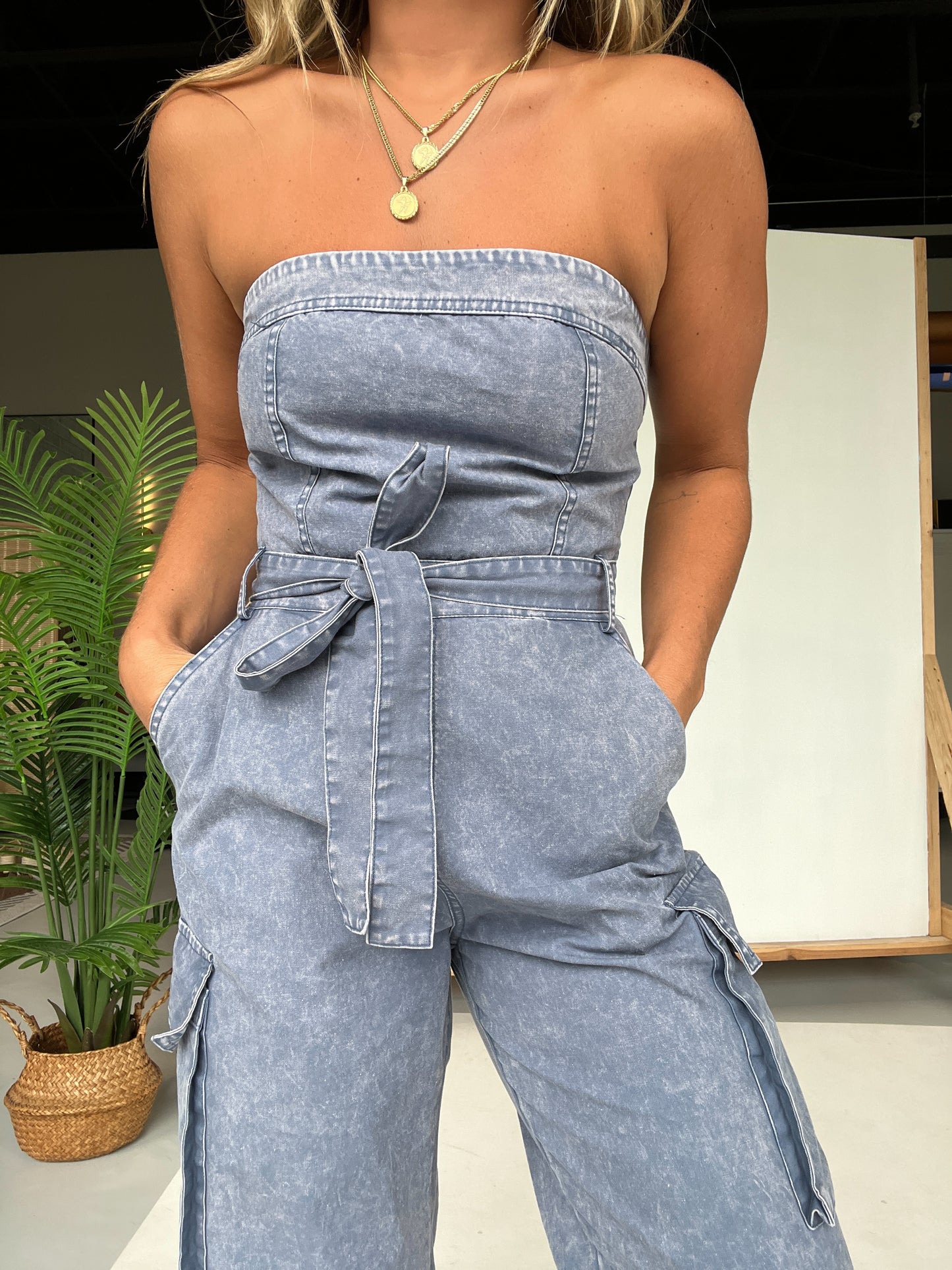 Downtown Nights Cargo Jumpsuit Denim