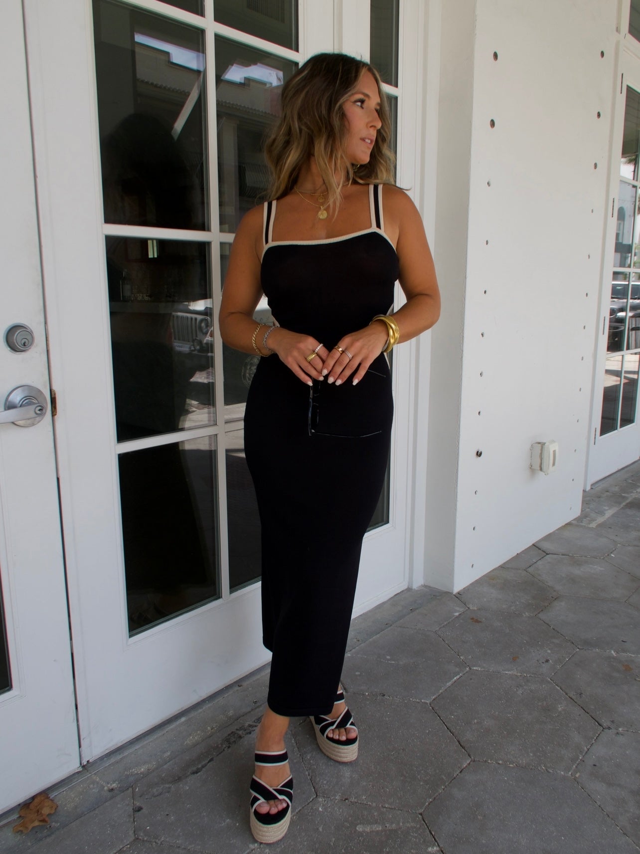 Beachside Contrast Knit Midi Dress Black