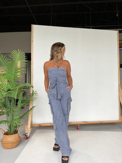 Downtown Nights Cargo Jumpsuit Denim