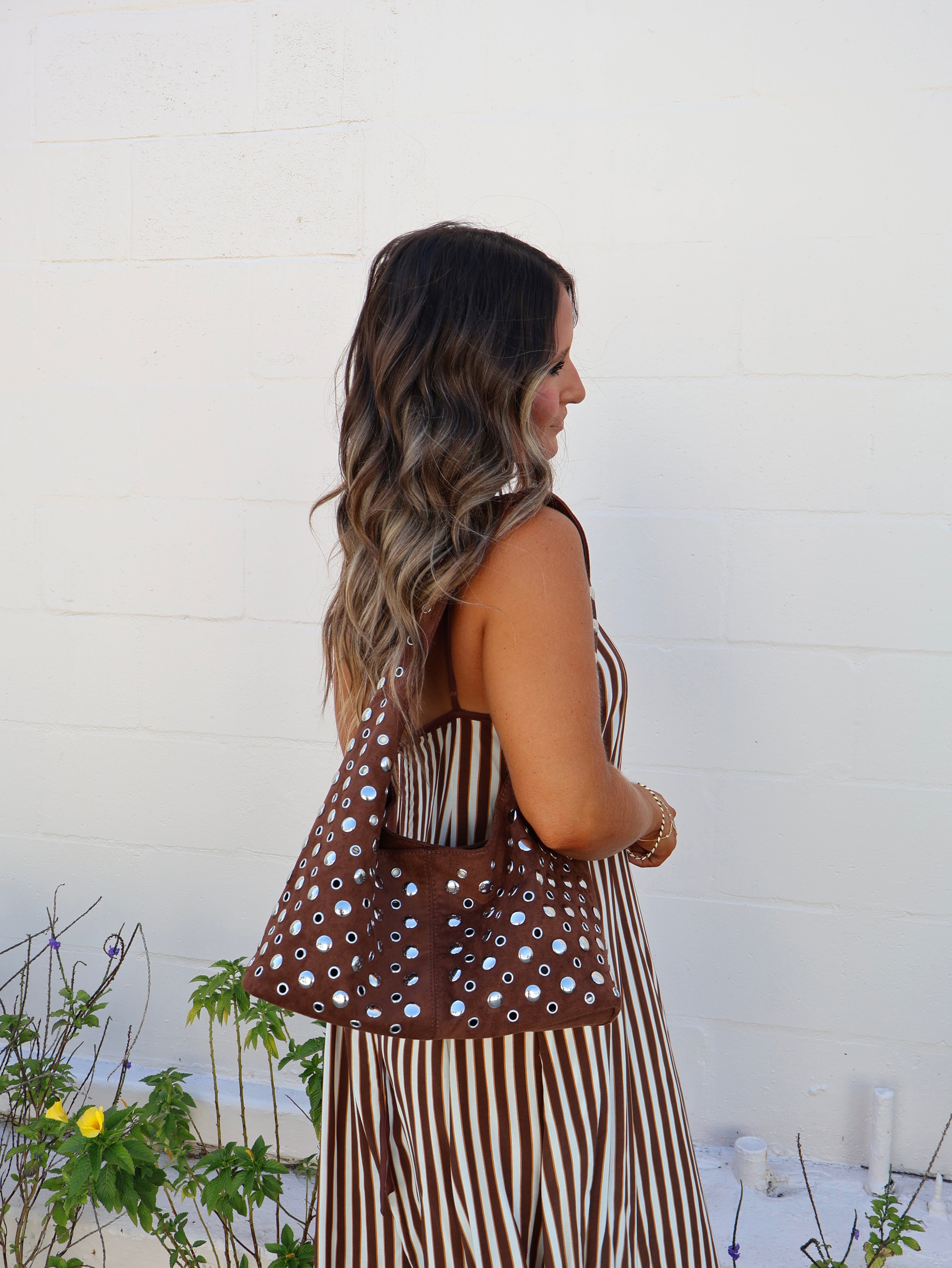 Veronica Studded Shoulder Bag Brown