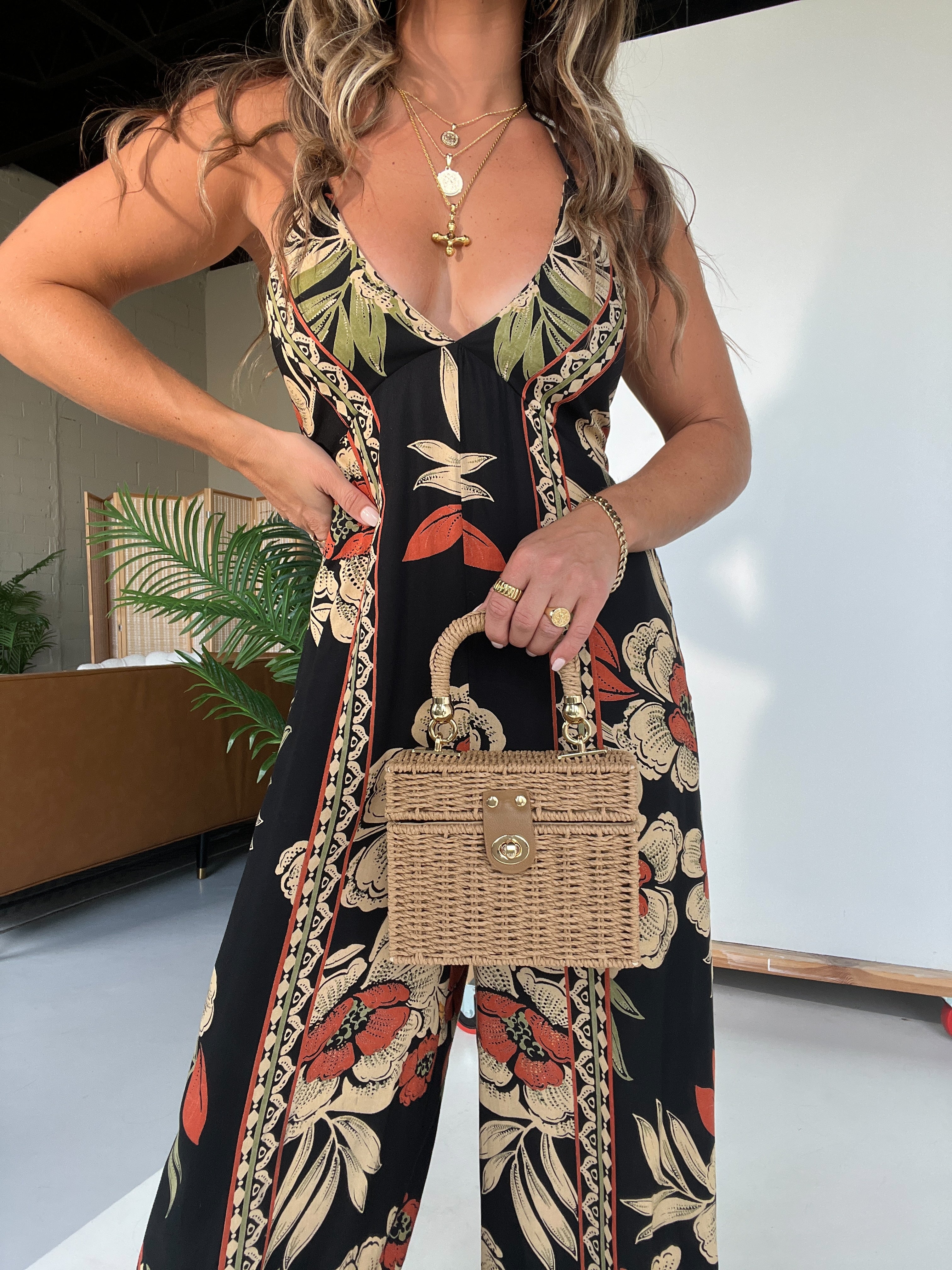Tropic Top Handle Raffia Box Bag Natural