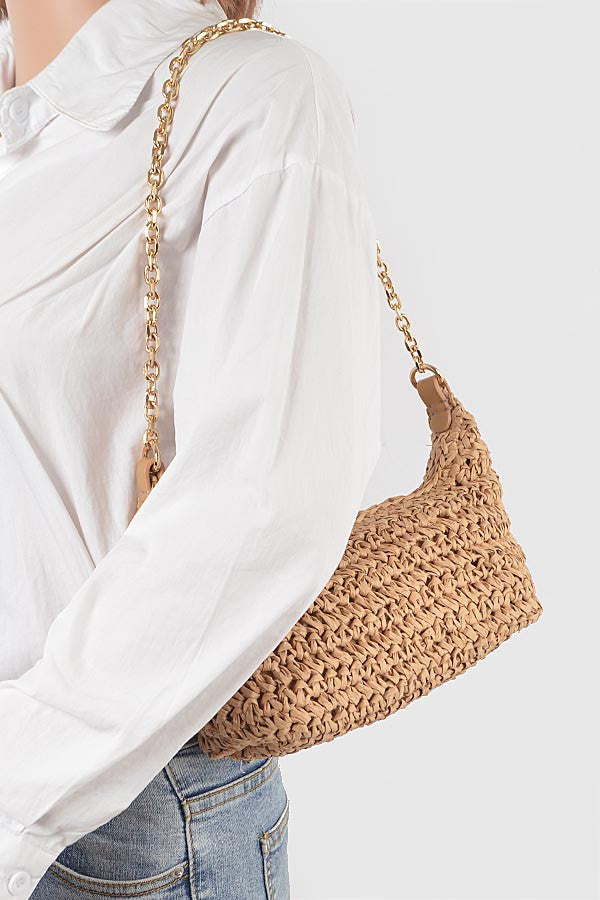 Coco Straw Shoulder Clutch Khaki