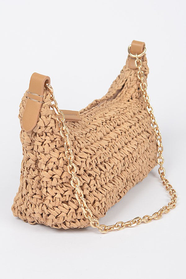 Coco Straw Shoulder Clutch Khaki