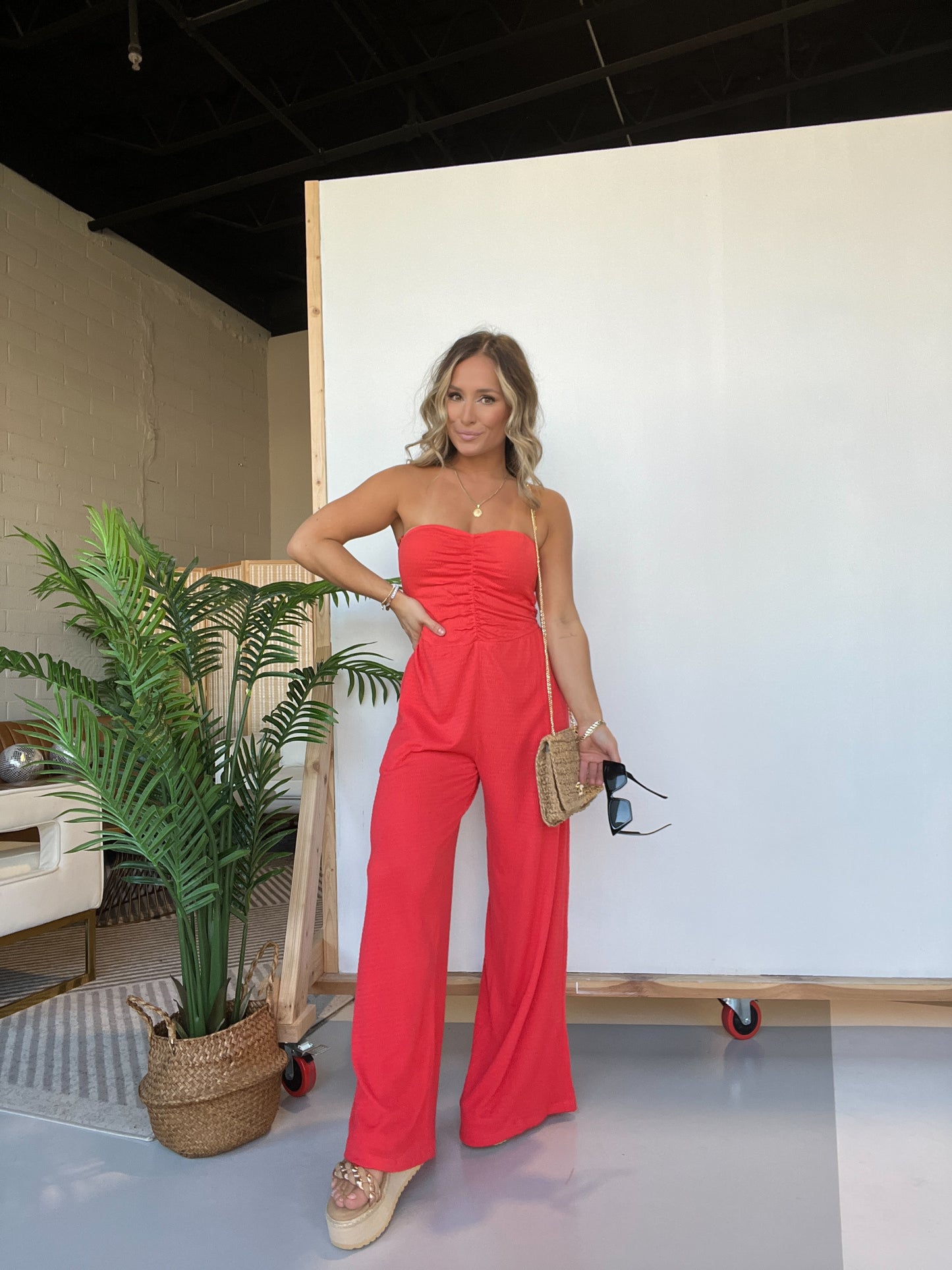 Cherry Fields Strapless Textured Jumpsuit