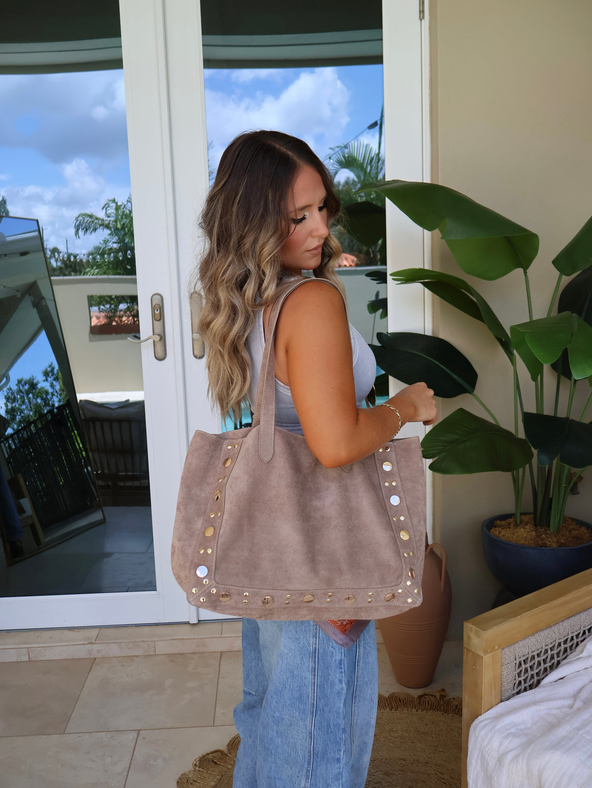 Amber Foliage Studded Tote Taupe