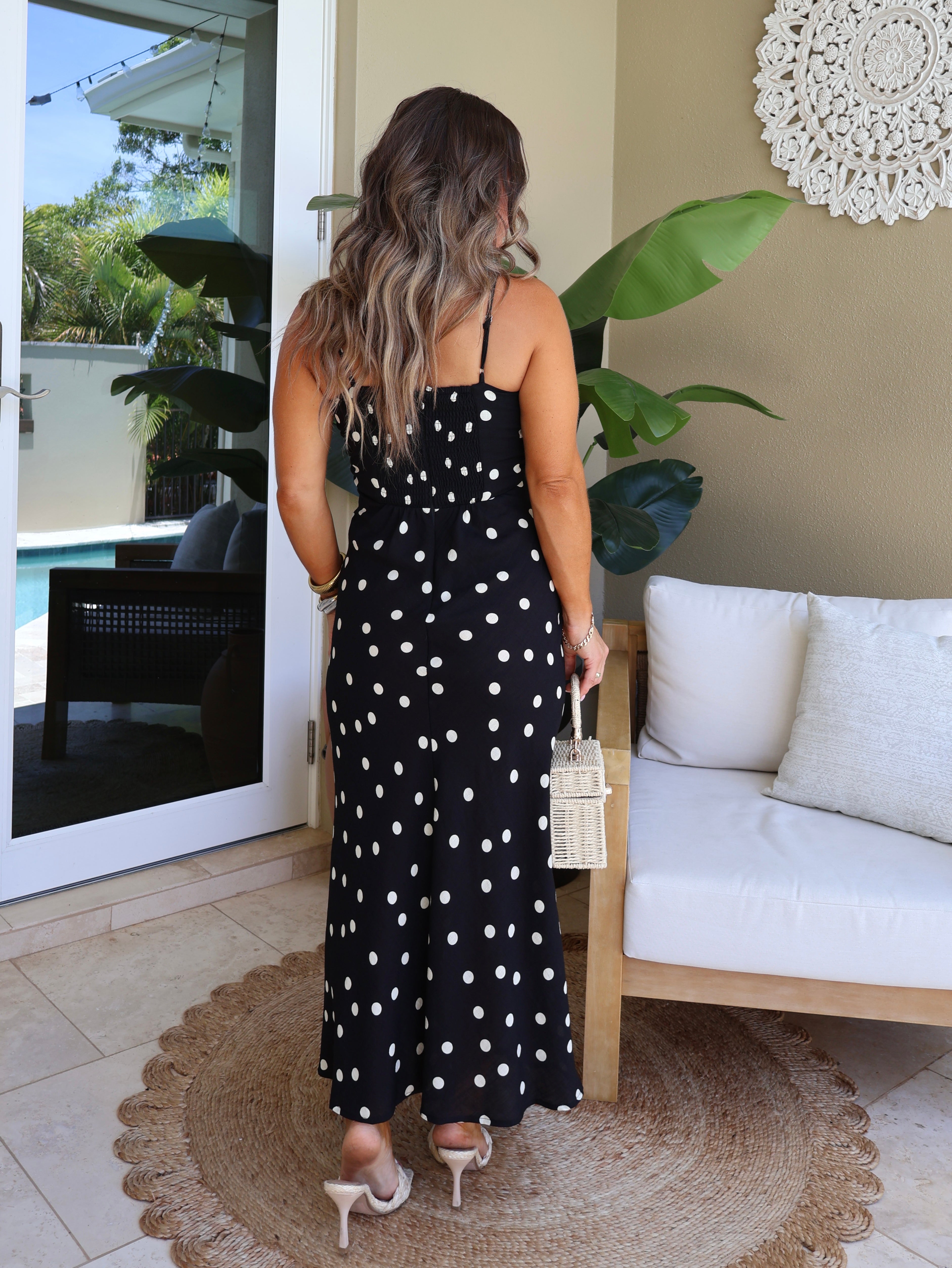 Montecito Bustier Polka Dot Midi Dress Black/Cream