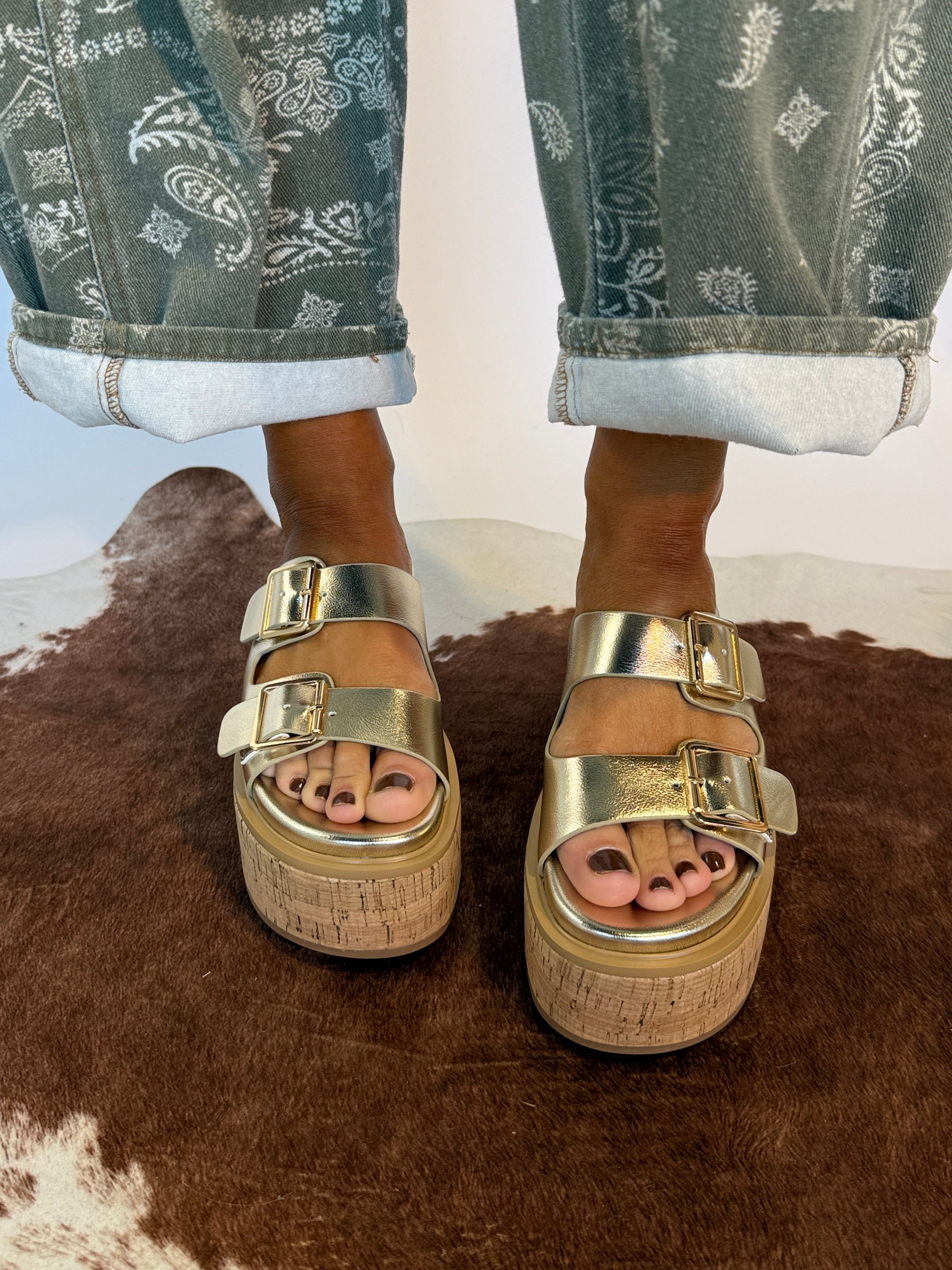 Lucinda Platform Cork Buckle Slides Gold