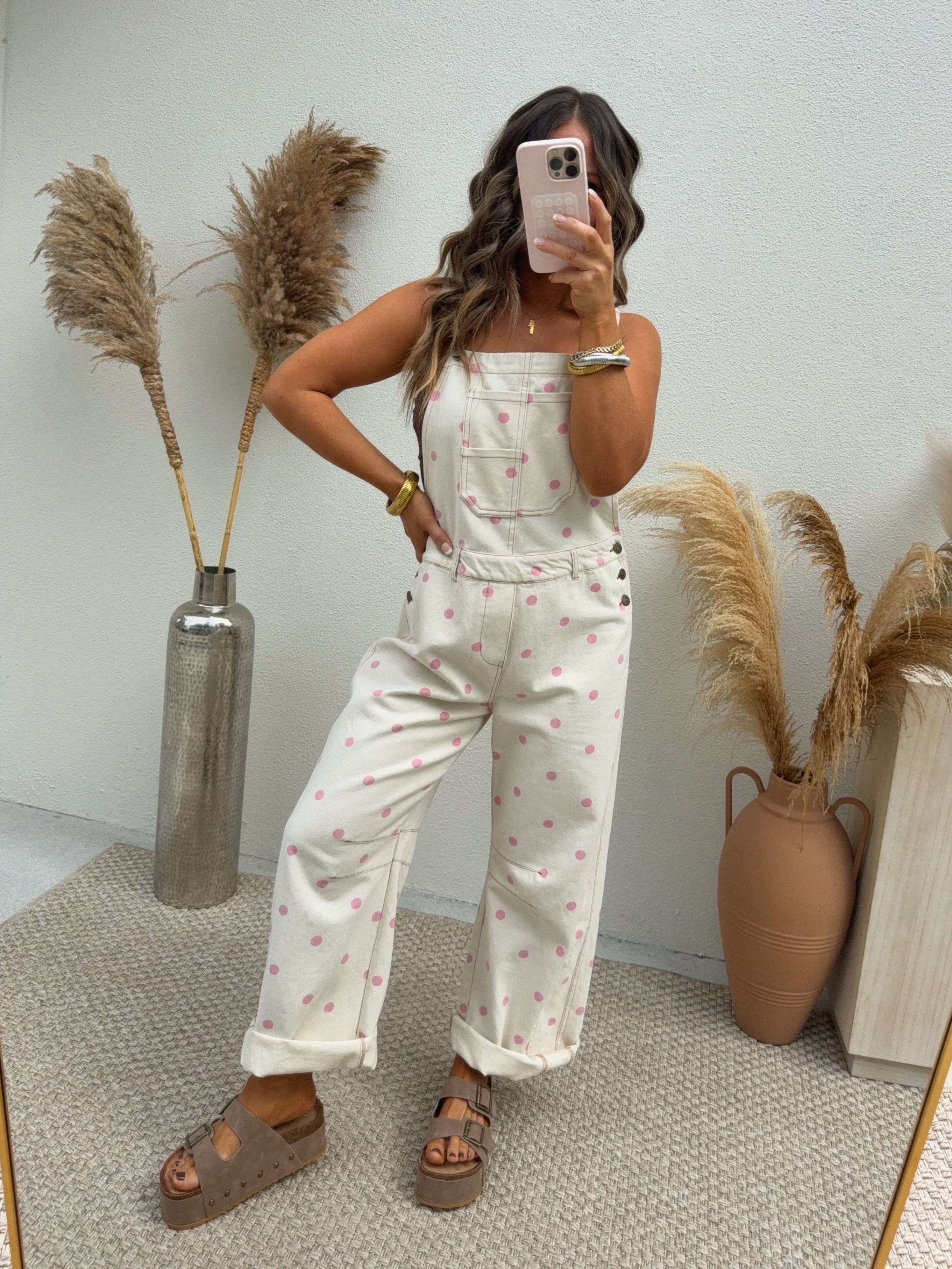 Peekaboo Polka Dot Barrel Overalls Cream