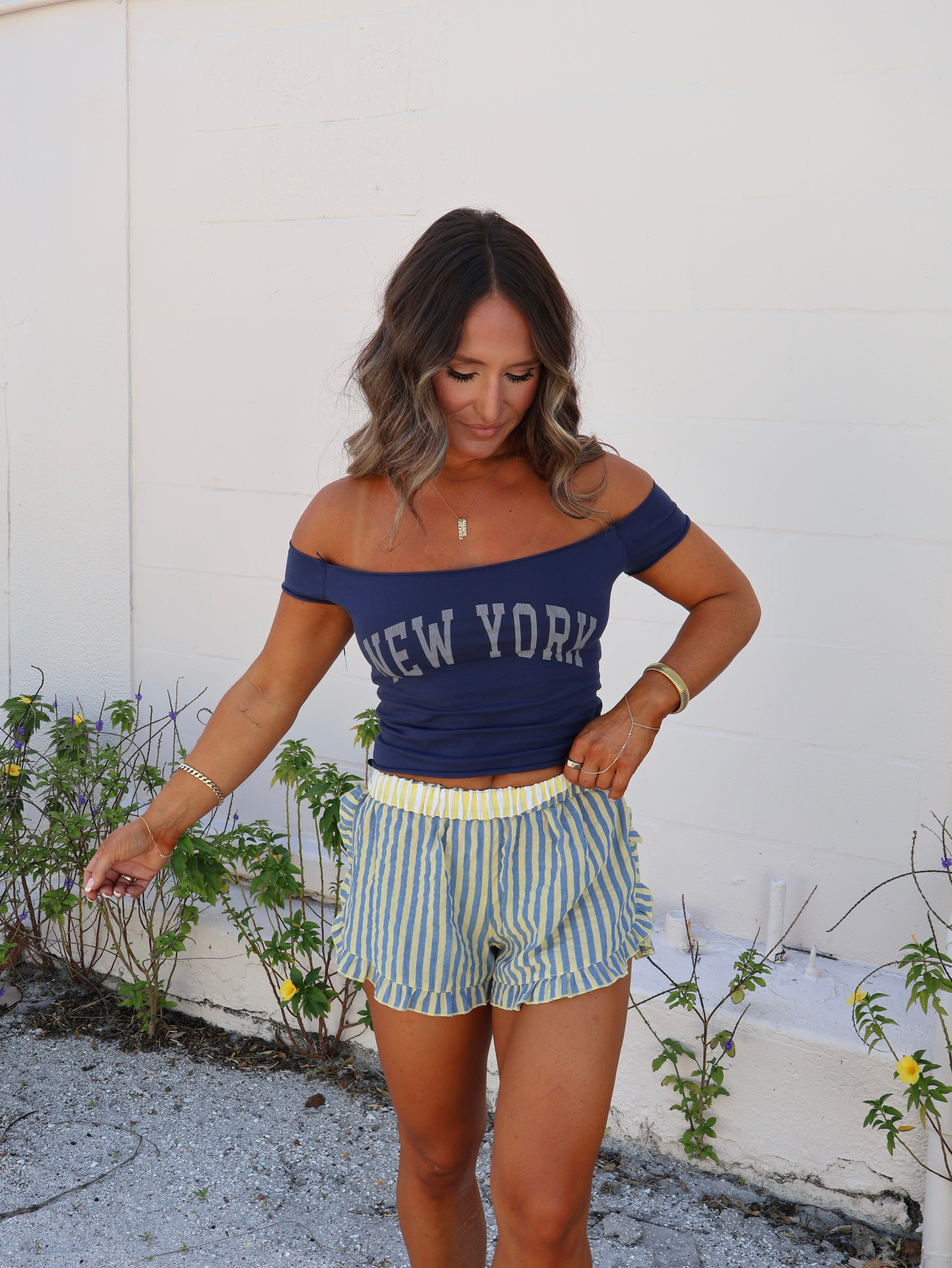 NY NY Off Shoulder Baby Tee Navy