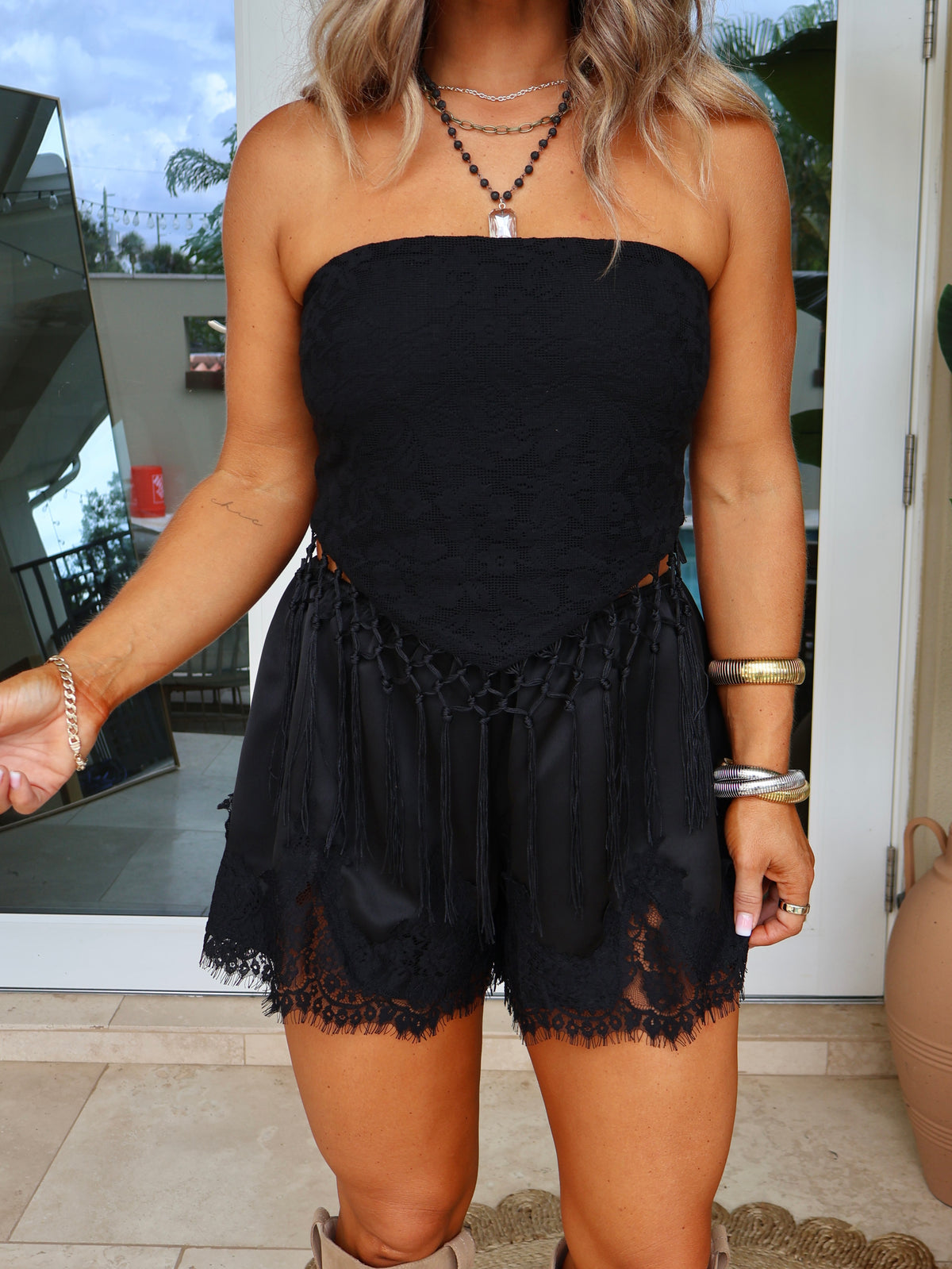 All Mine Satin Lace Trim Shorts Black