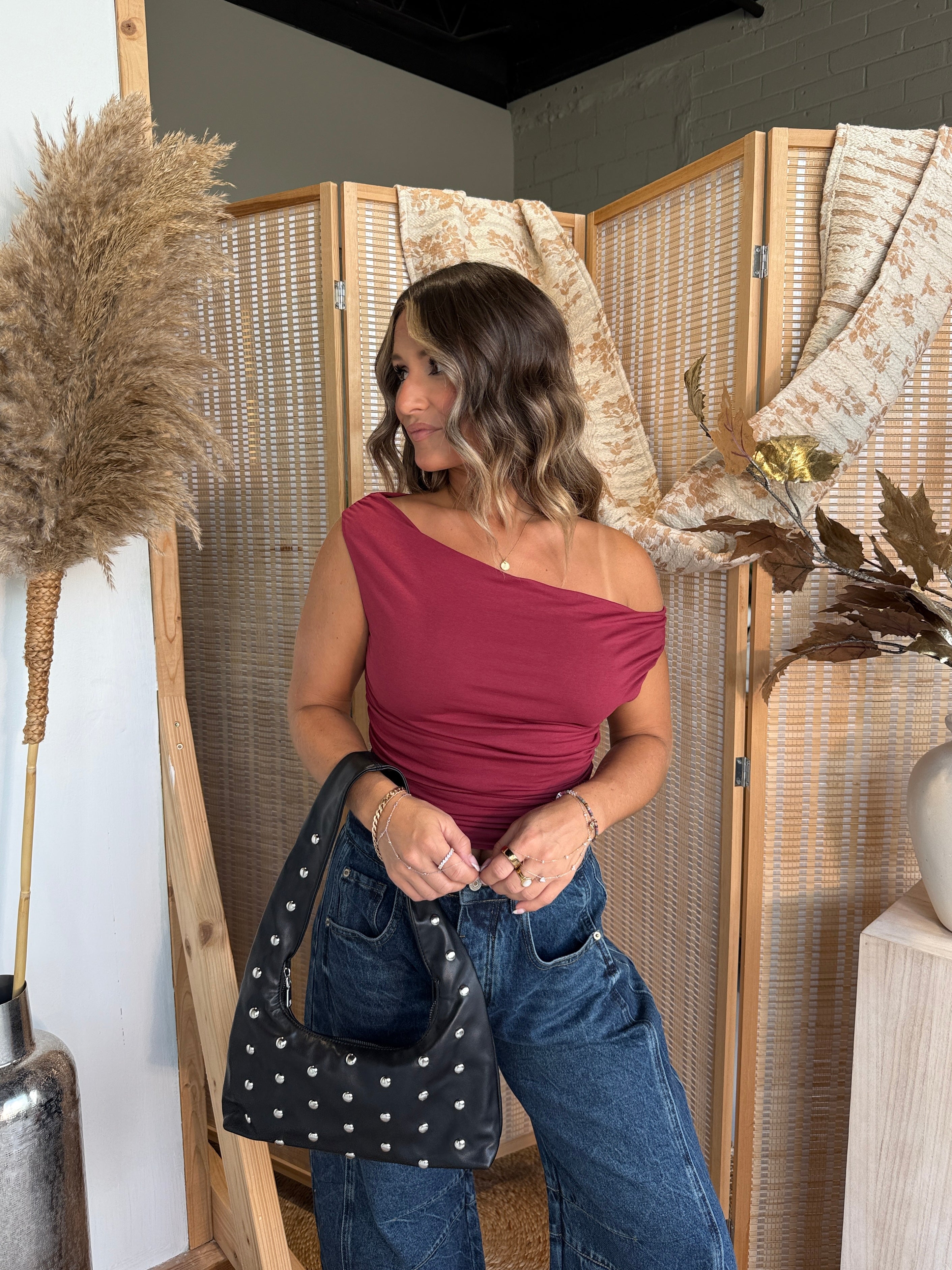 Velvet Leaves One Shoulder Top Maroon
