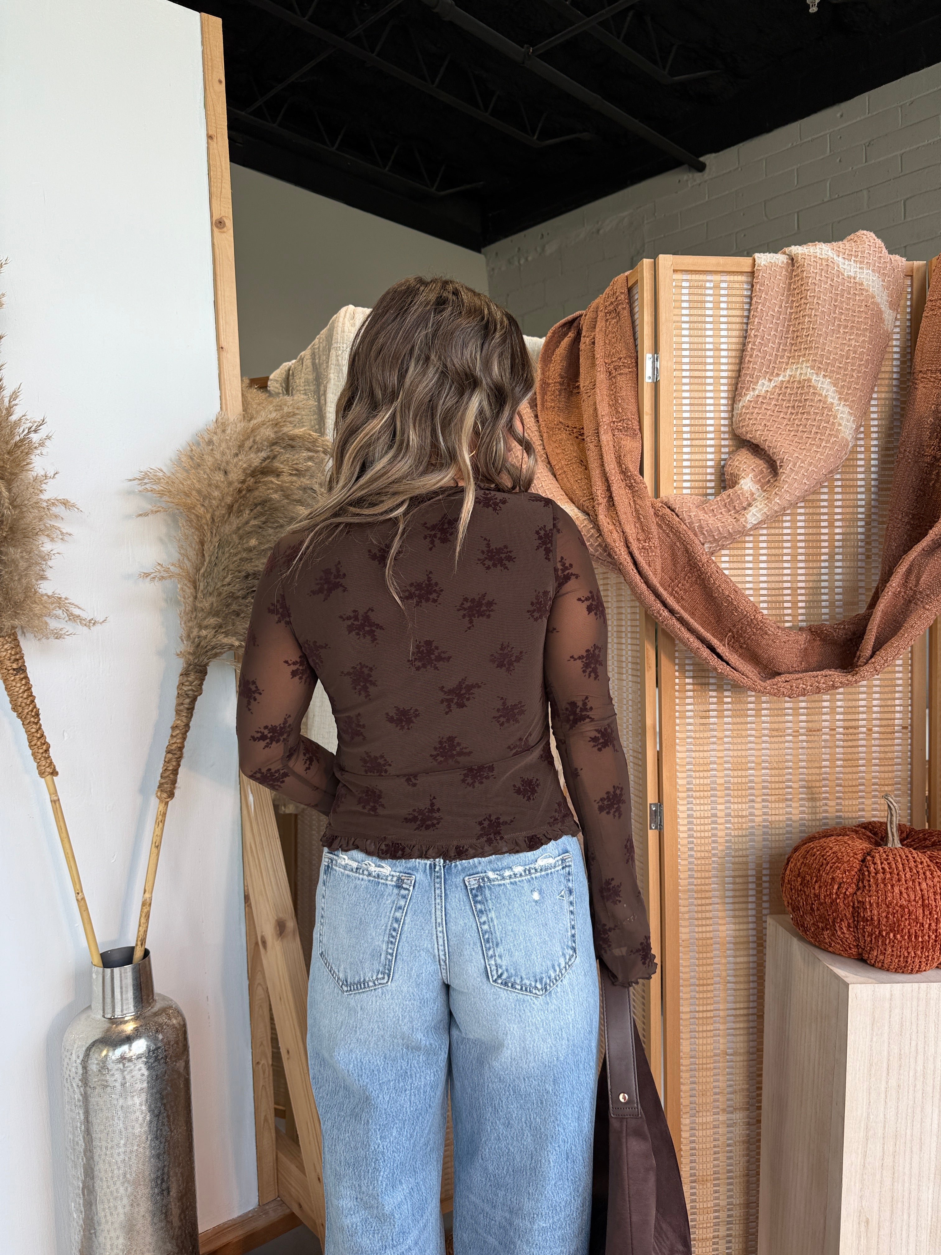 Spiced Flutter Sleeve Mesh Top Dark Brown