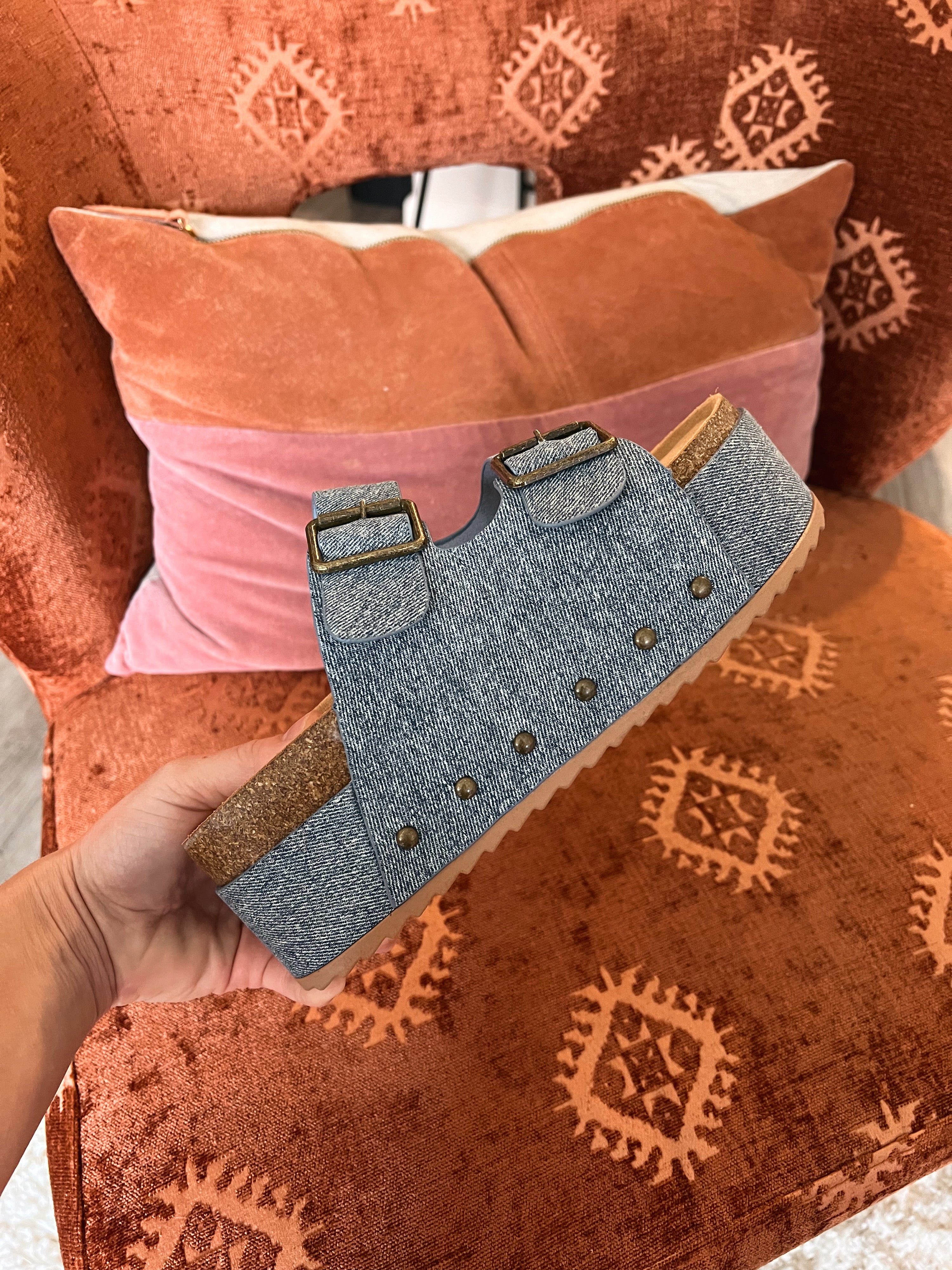 Denim Blowout Stacked Double Strap Slides