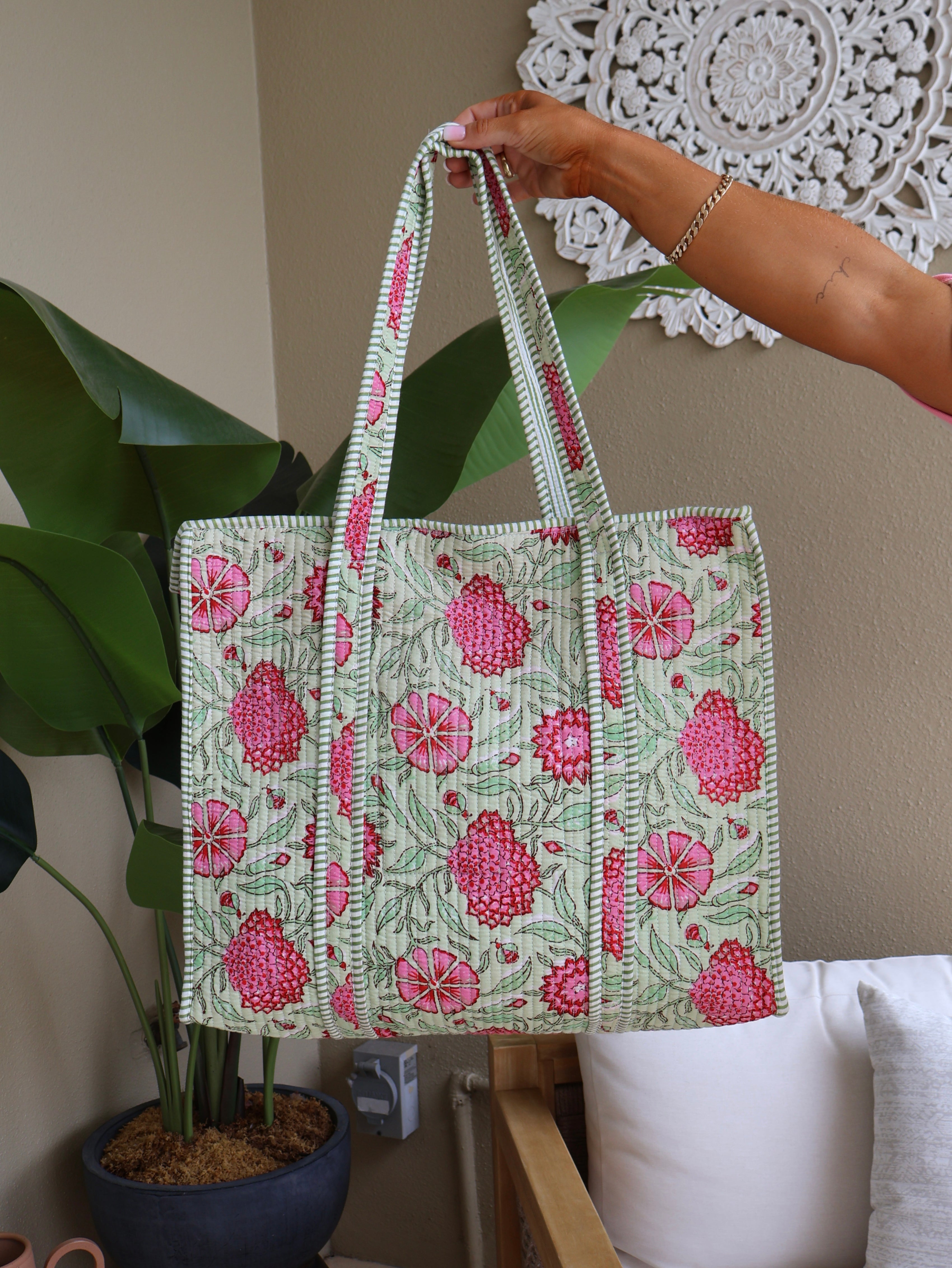Flower Child Boho Quilted Tote Mint Multi