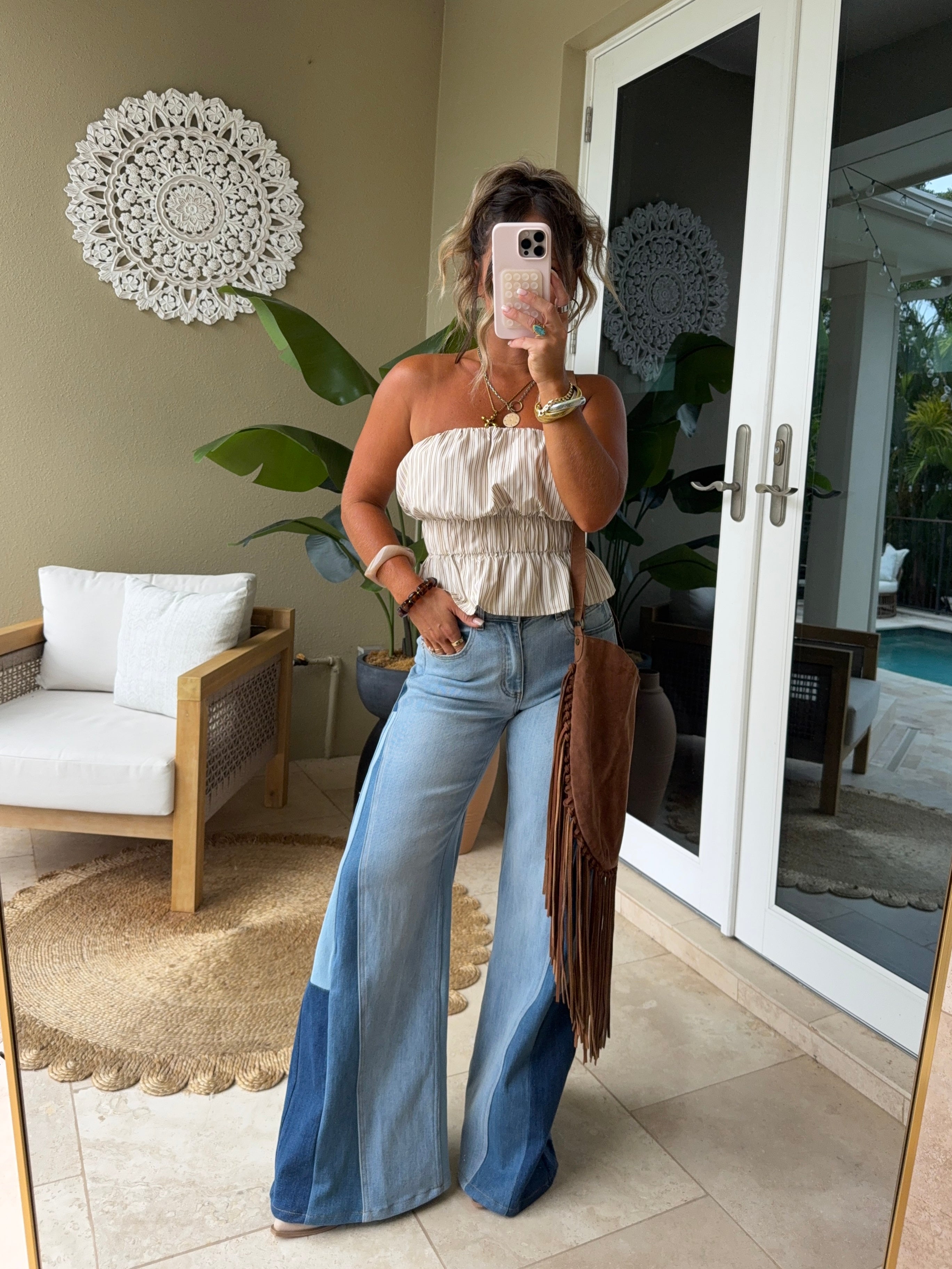 Aspen Pinstripe Peplum Top Beige/Brown