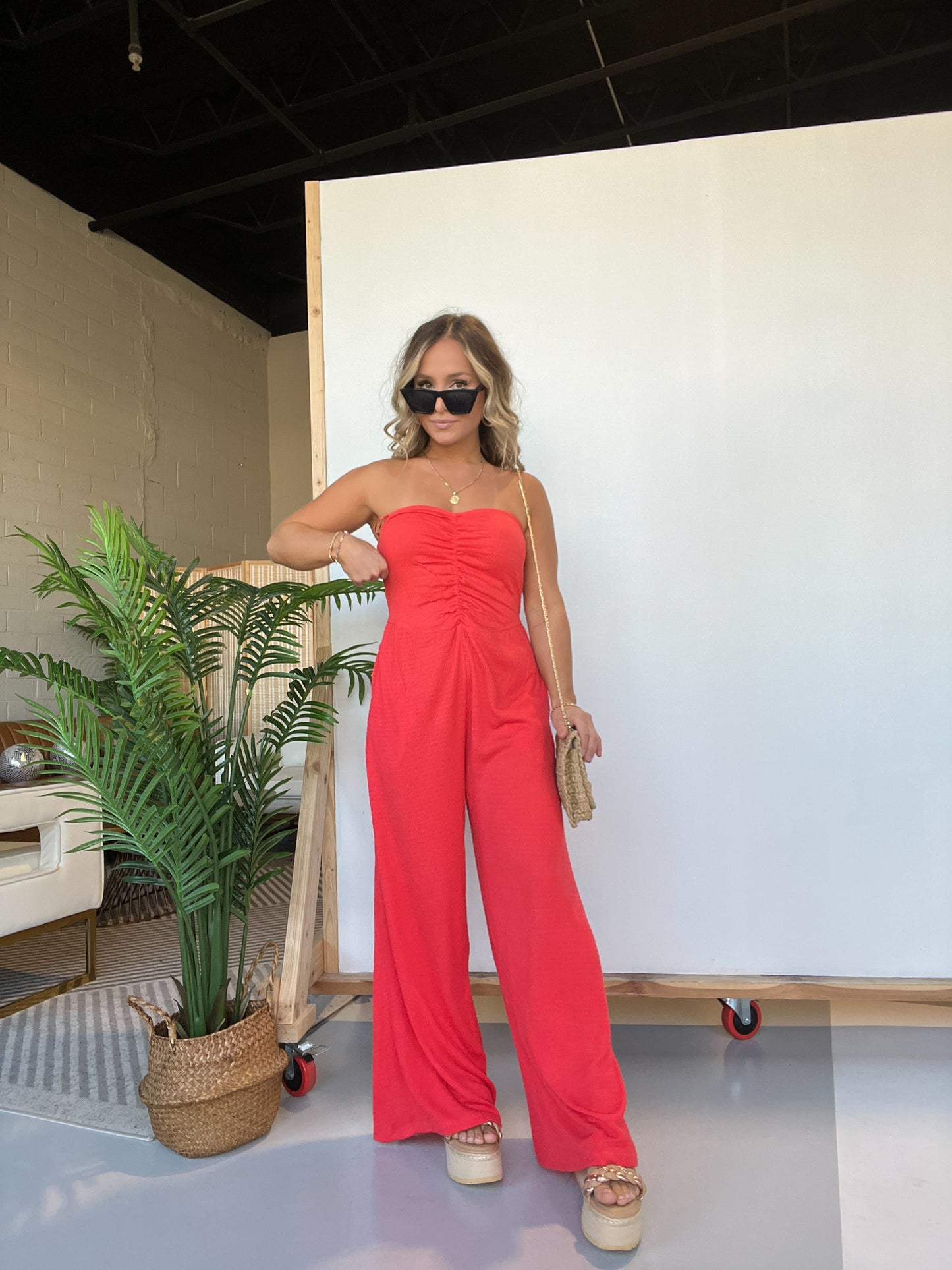 Cherry Fields Strapless Textured Jumpsuit